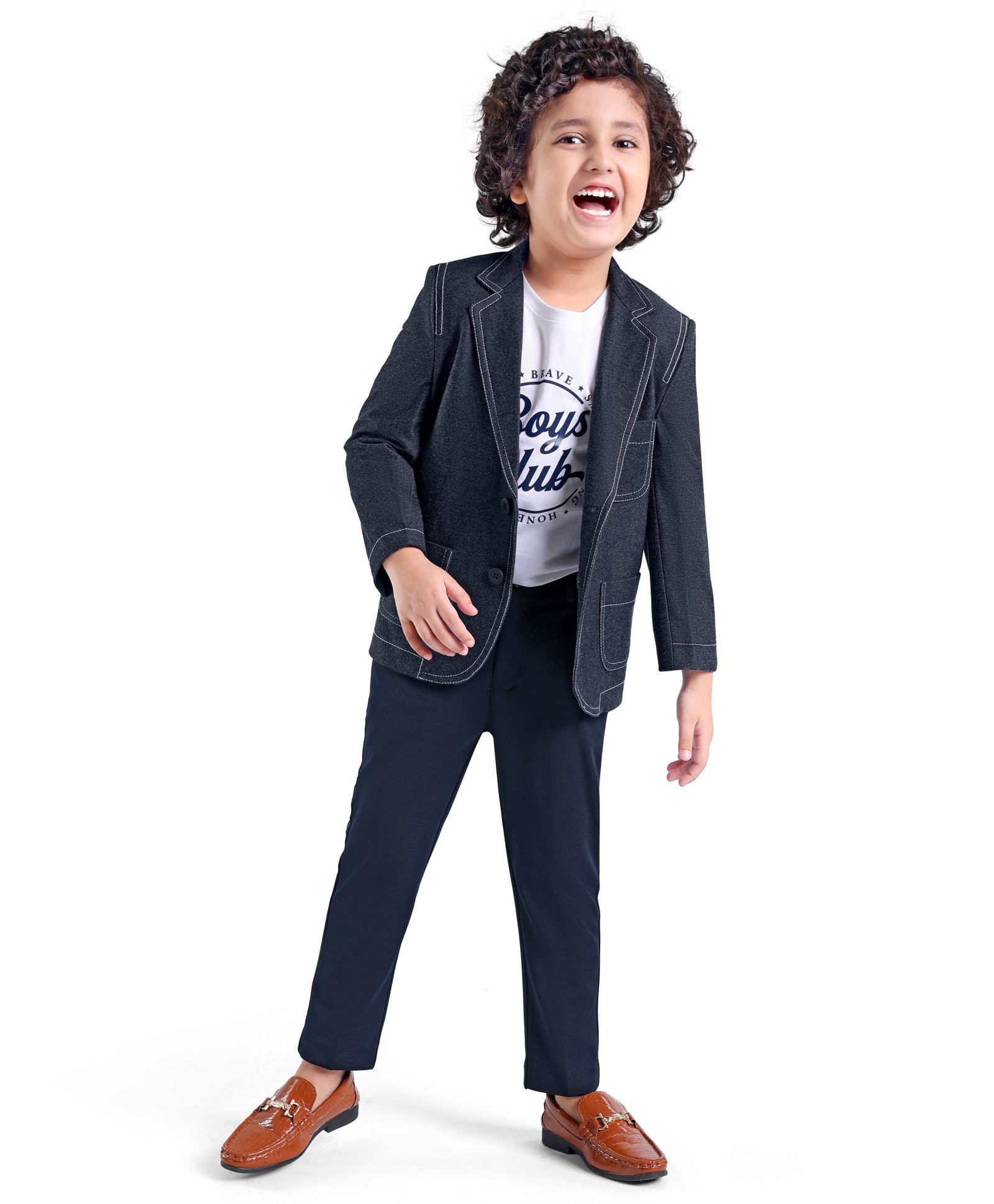 Babyhug Full Sleeves Denim Blazer with Text Printed T-Shirt & Stretch Fit Trouser Set - Blue & White-image-6