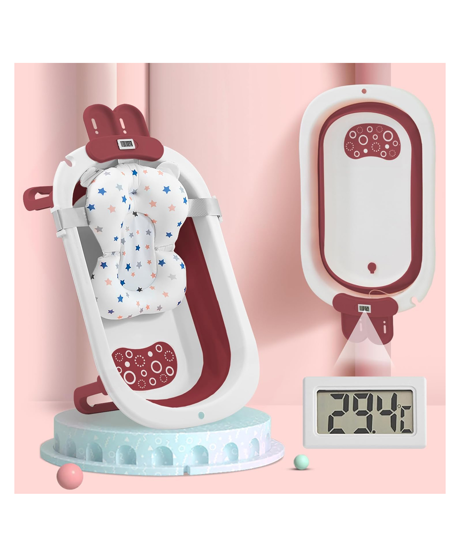 StarAndDaisy Smart Anti-Slip Foldable Collapsible Baby Bathtub with Temperature Meter and Cushion - Maroon-image-4