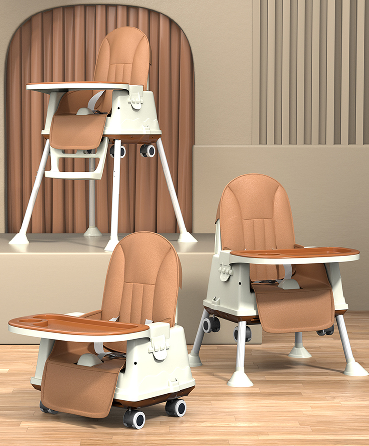 StarAndDaisy Comfort 4 in 1 Premium Multifunctional High Chair with Booster Normal & Detachable Tray Adjustable Height One Hand Adjustable Ultra Soft Cushion - Brown