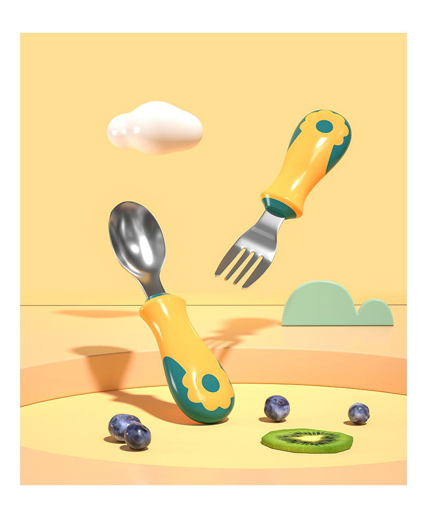 StarAndDaisy Baby Fork and Spoon Set with Carry Case Baby Training Utensils Self Feeding Toddler Silverware Silicone and Stainless Steel Kids and Toddler Utensil Set-Green-image-7