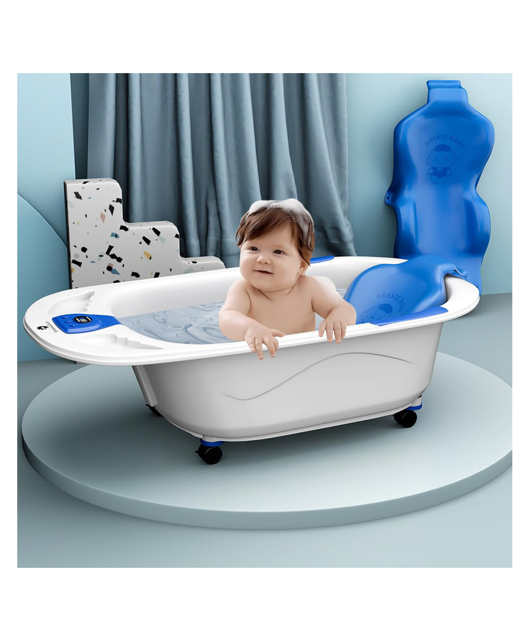 StarAndDaisy Baby Bath Tub with Seat Sling and Temperature Sensor and Detachable Wheels Anti-Slip - Blue-picture-19