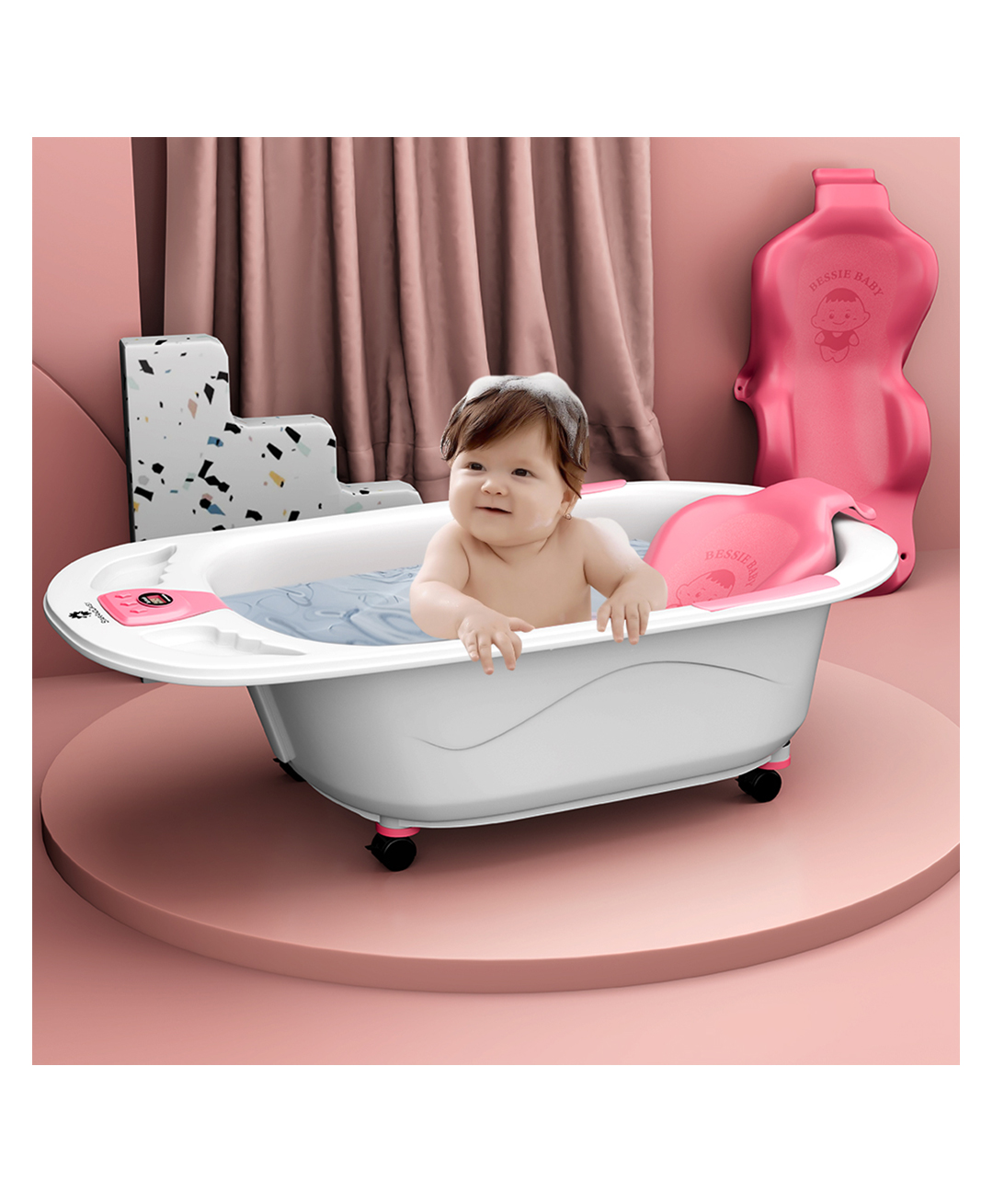 StarAndDaisy Baby Bath Tub with Seat Sling and Temperature Sensor and Detachable Wheels Anti-Slip - Pink-picture-15