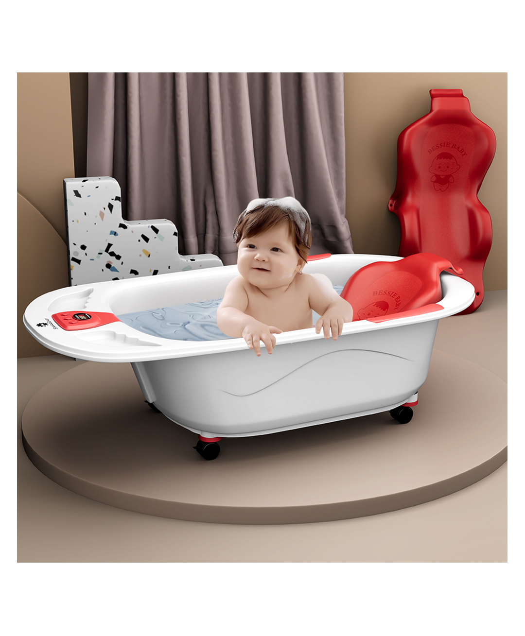 StarAndDaisy Baby Bath Tub with Seat Sling and Temperature Sensor and Detachable Wheels Anti-Slip - Red-picture-14