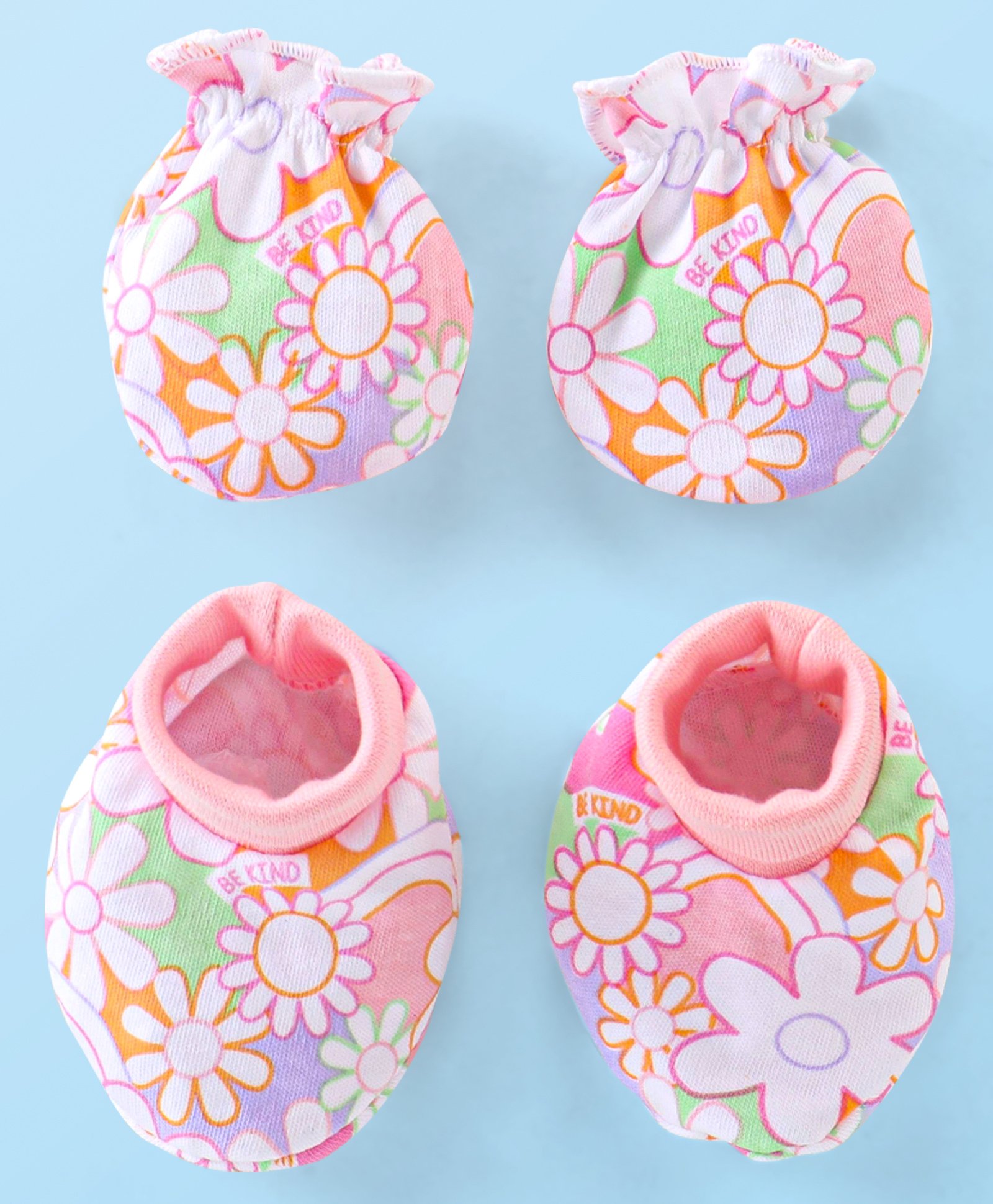 Babyhug 100% Cotton Knit Mitten & Booties Floral Print - Pink-image-19