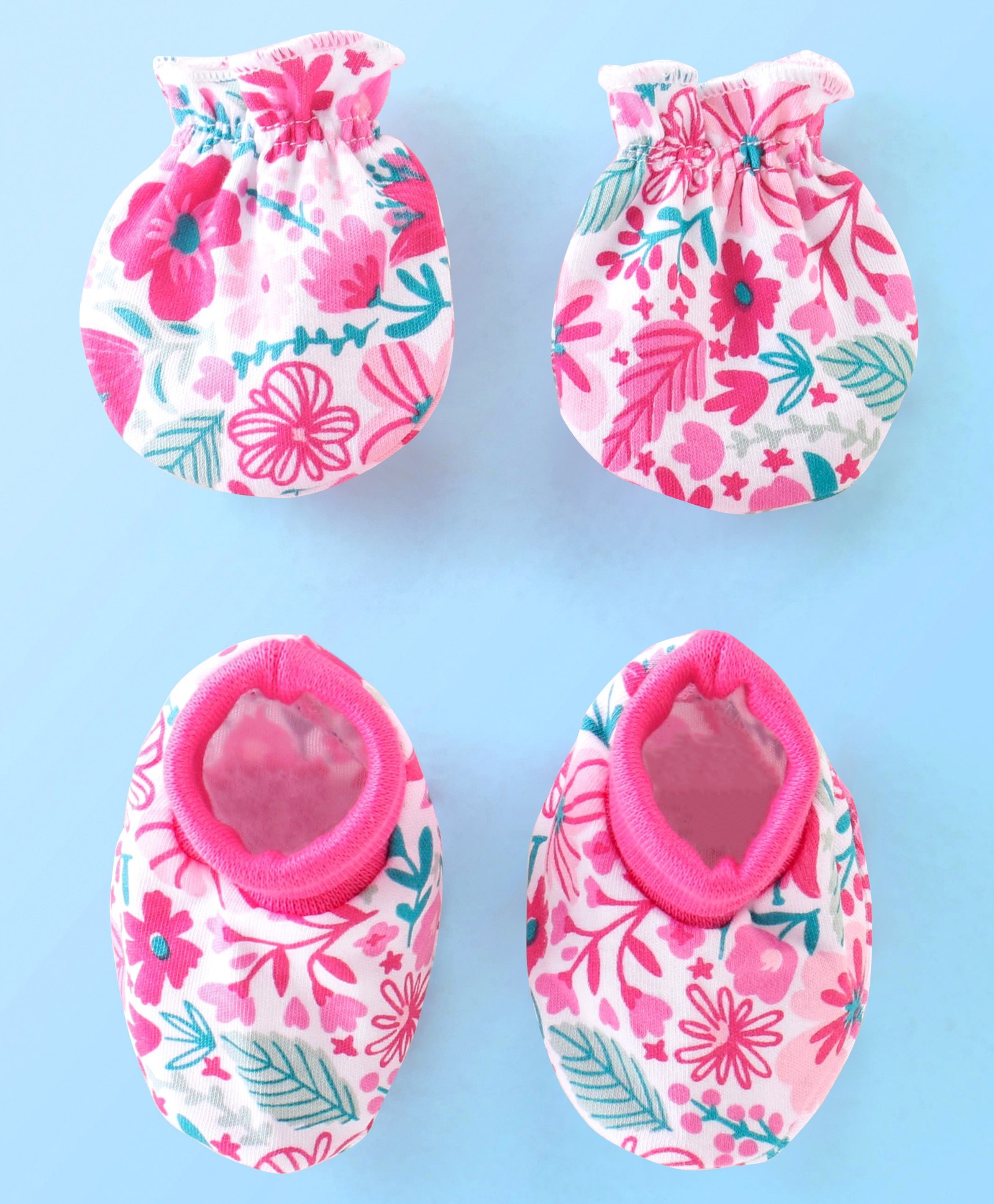 Babyhug Cotton Knit Floral Print Mittens & Booties - Pink-image-2