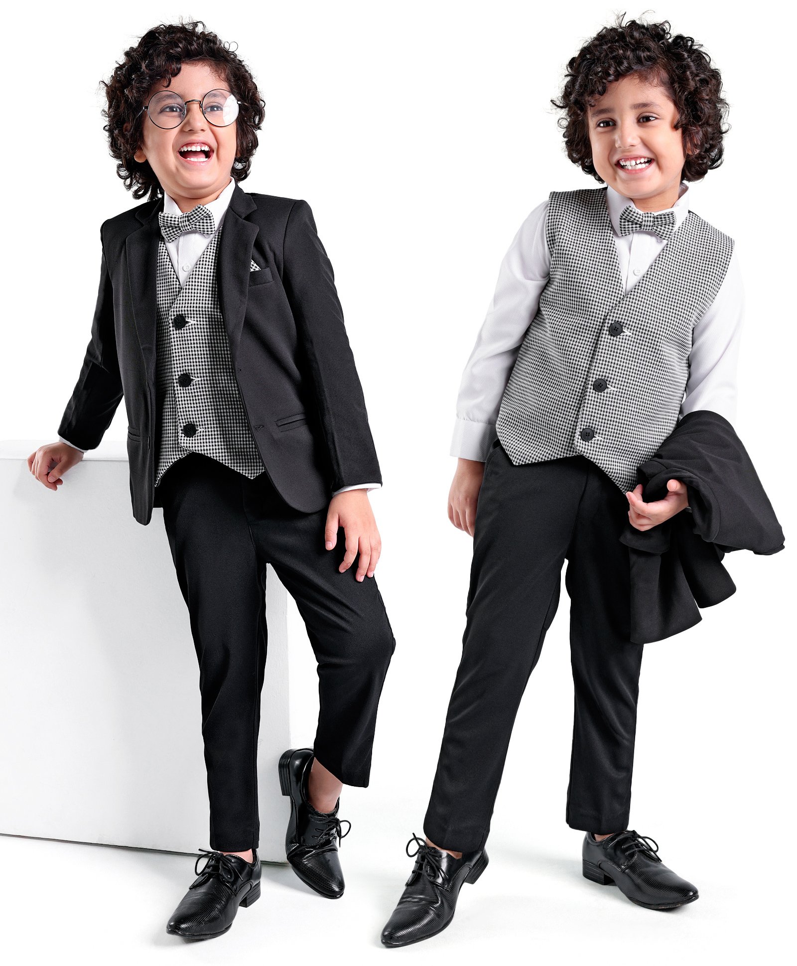 Babyhug Woven Full Sleeves Stretchable 5 Pieces Solid Party Suit with Bow Tie - Black-image-27