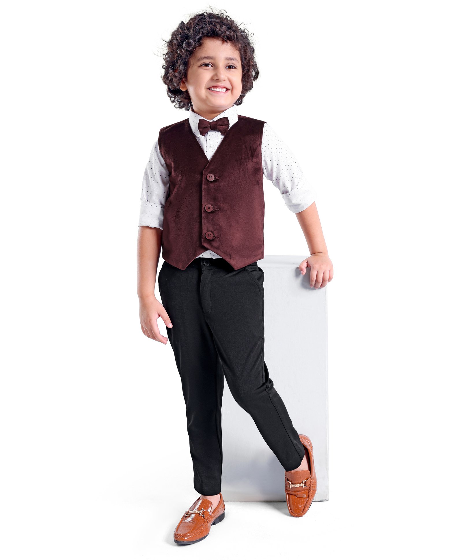 Babyhug Full Sleeves Velvet Party Suit with Bow Solid & Polka Dot Print - White & Maroon-image-14