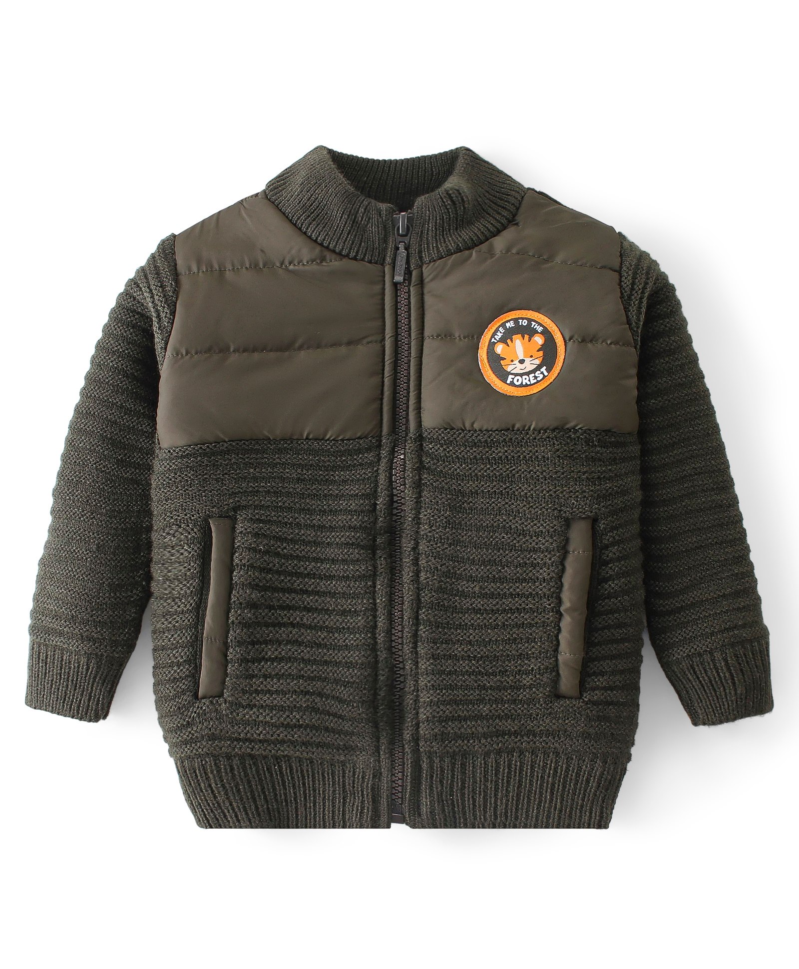 Babyhug Full Sleeves Front Open Sweater with Self Design- Olive-image-3