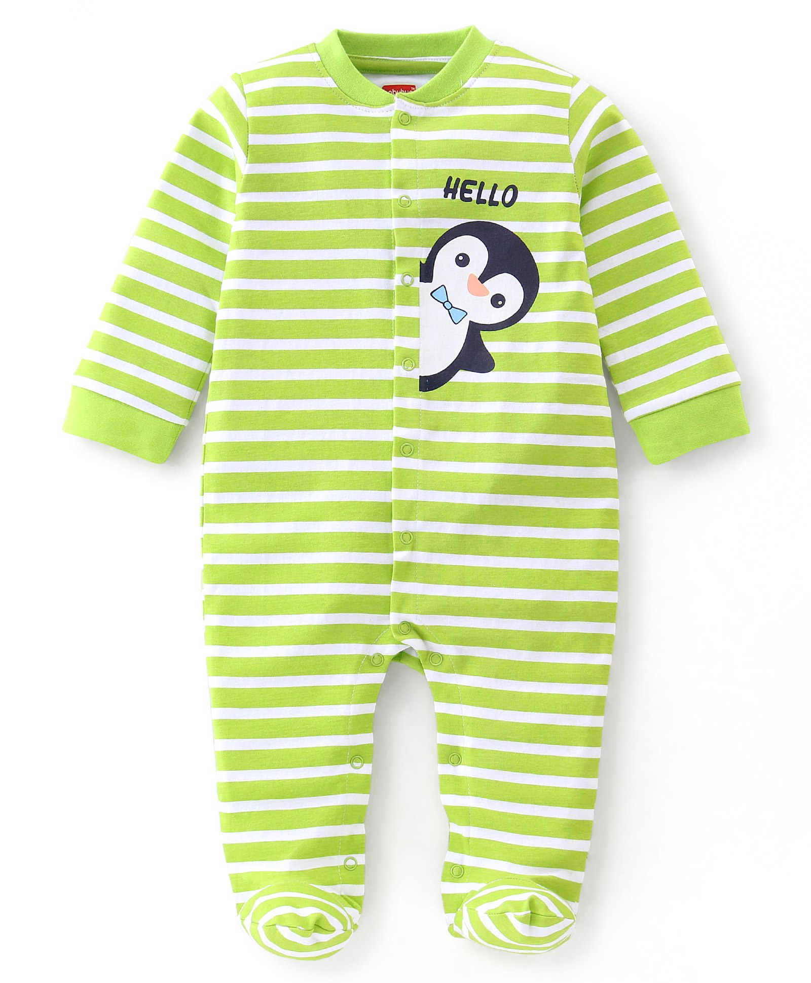 Babyhug Cotton Knit Full Sleeves Striped & Penguin Printed Footed Sleep Suit - Green-image-37