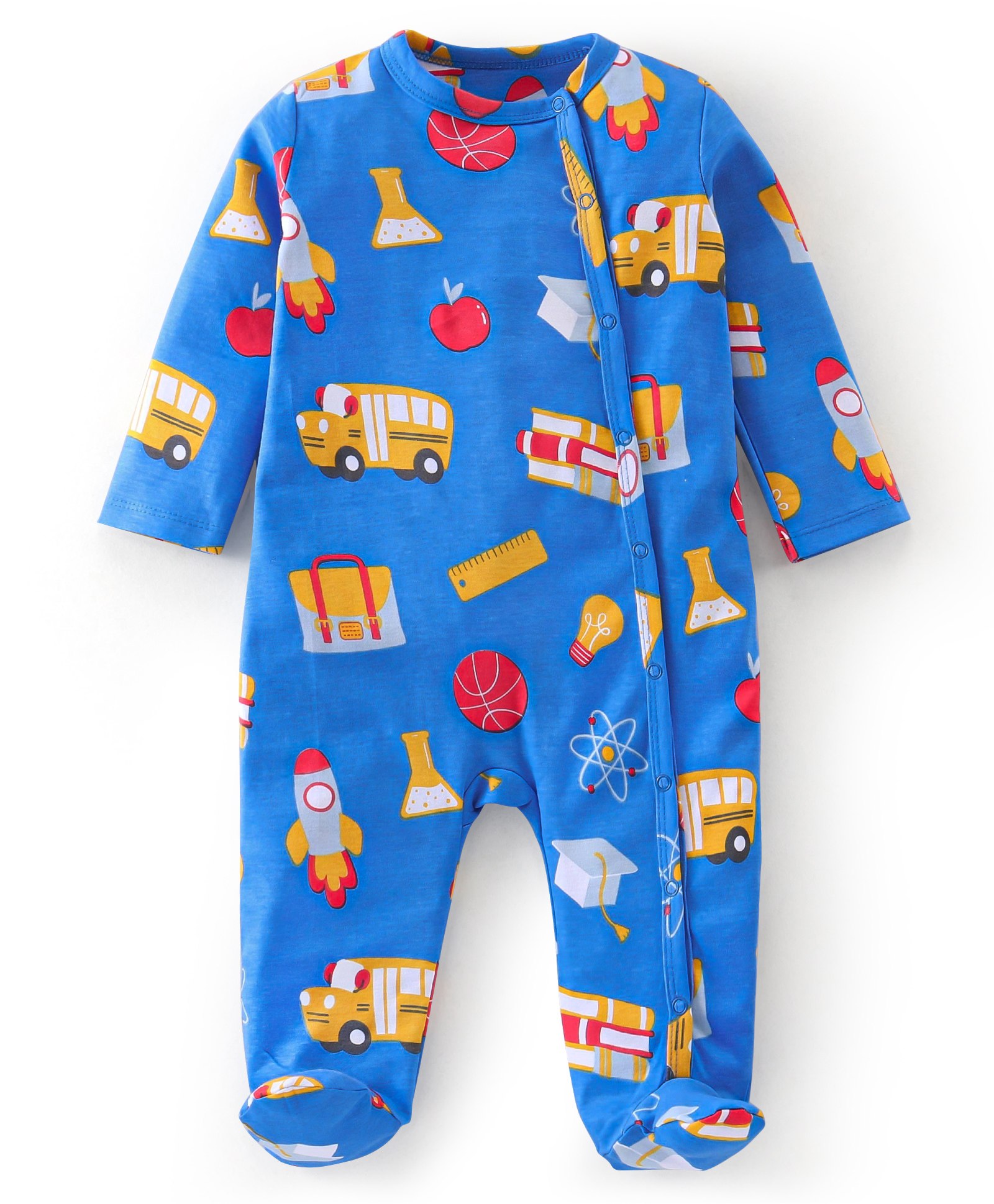 Babyhug Cotton Knit Full Sleeves Bus Printed Footed Sleep Suit - Navy Blue-image-46