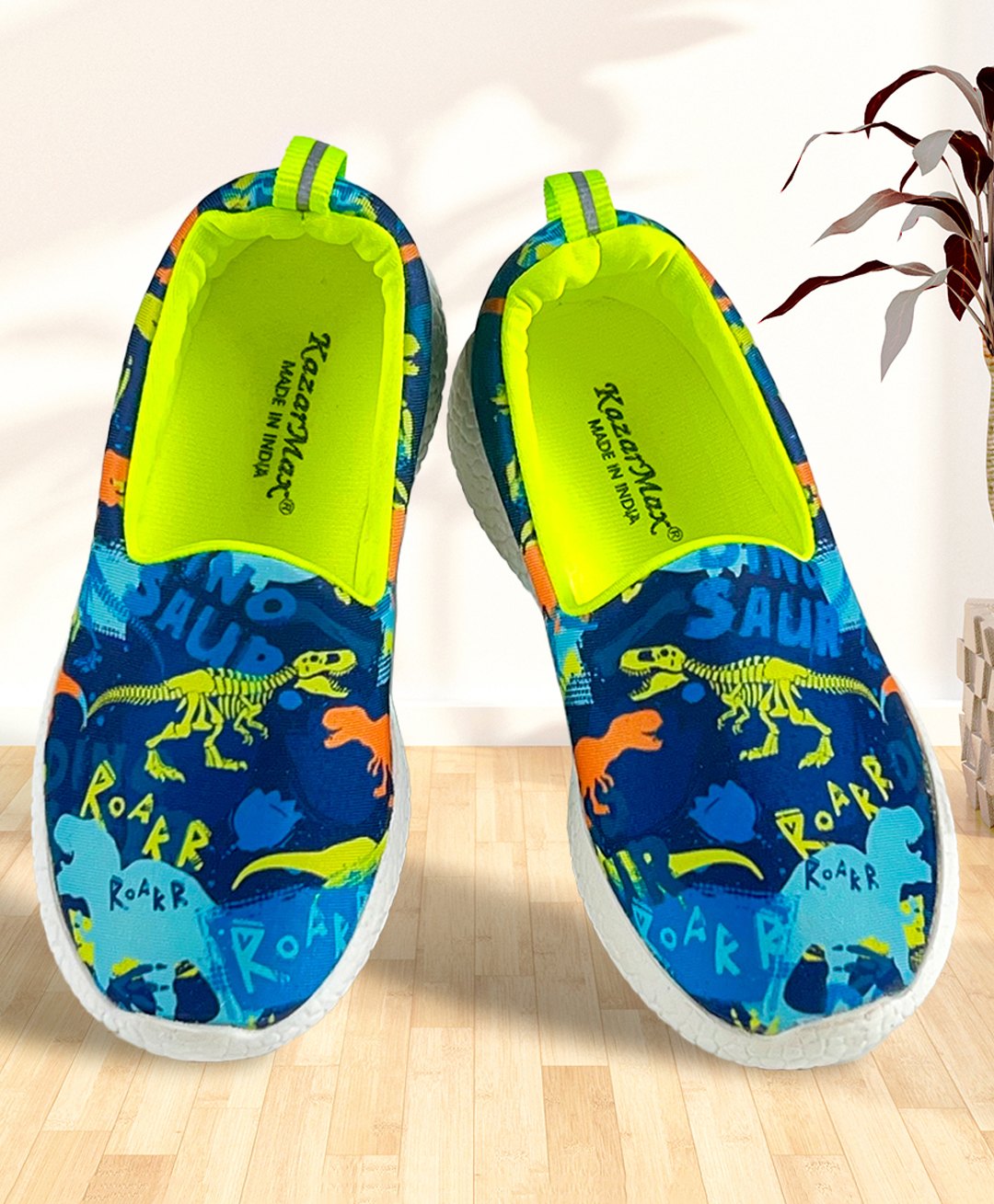 Kazarmax Dinosaur & Roar Text Printed Slip On Shoes - Green-image-31