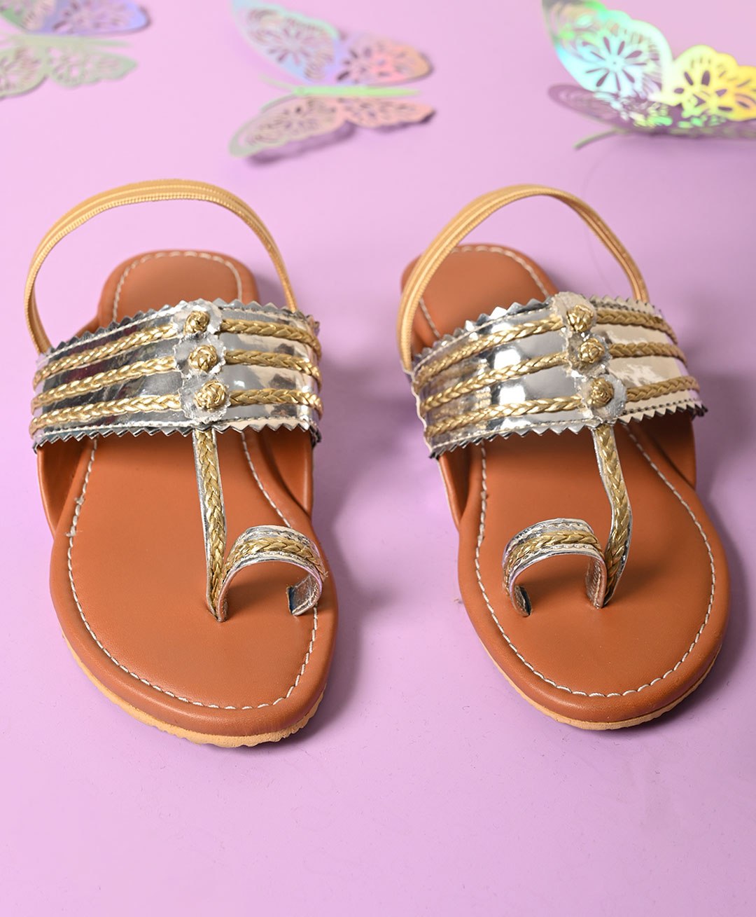 LIL PITAARA Lace Embellished  Kolhapuri Sandals - Tan-image-48