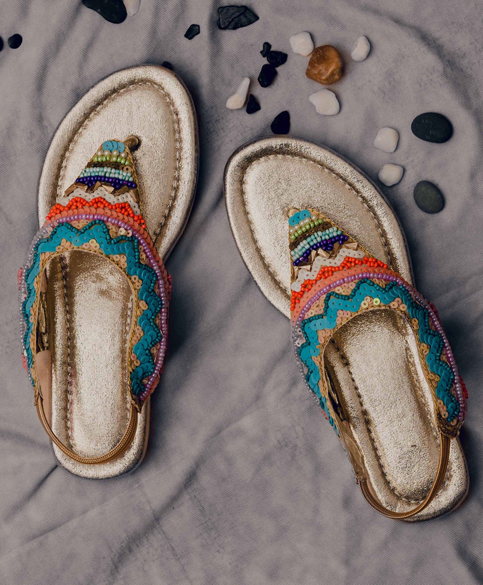 LIL PITAARA Beads Embellished Zari Sandals - Gold-picture-26