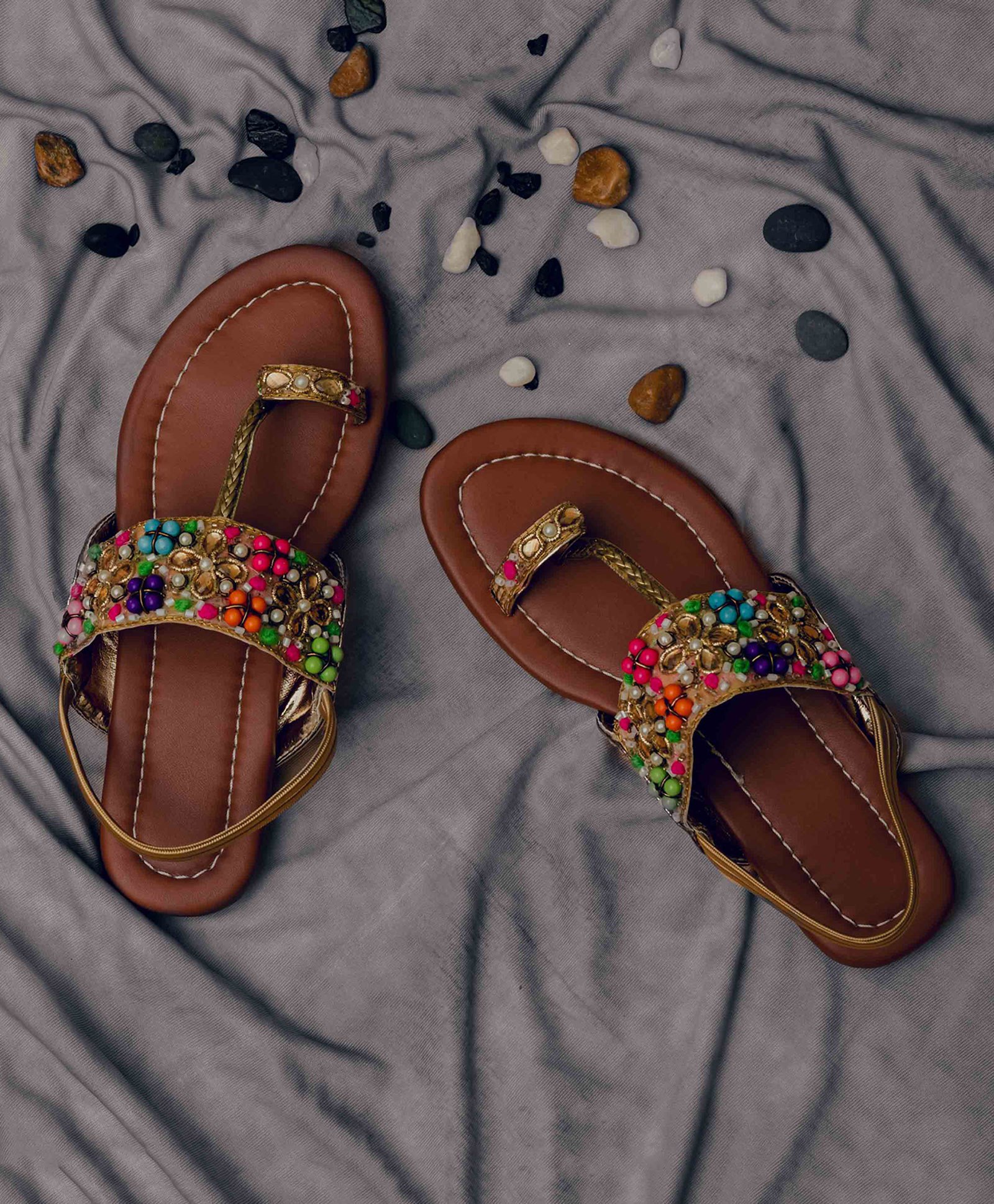 LIL PITAARA Beads Embellished  Zari Kolhapuri Sandals -Tan-picture-28