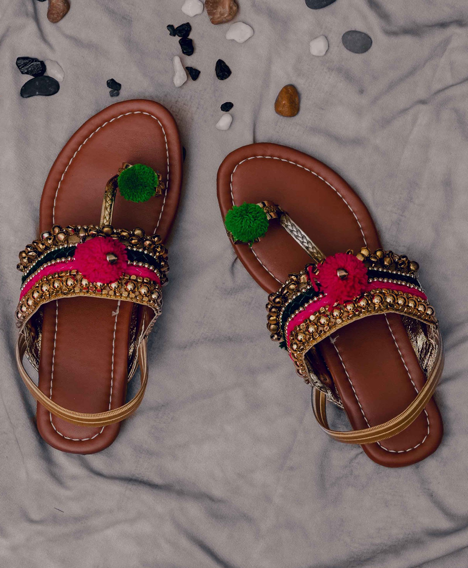 LIL PITAARA Ghungroo & Pom Pom Embellished Zari Kolhapuri Sandals - Tan-picture-12