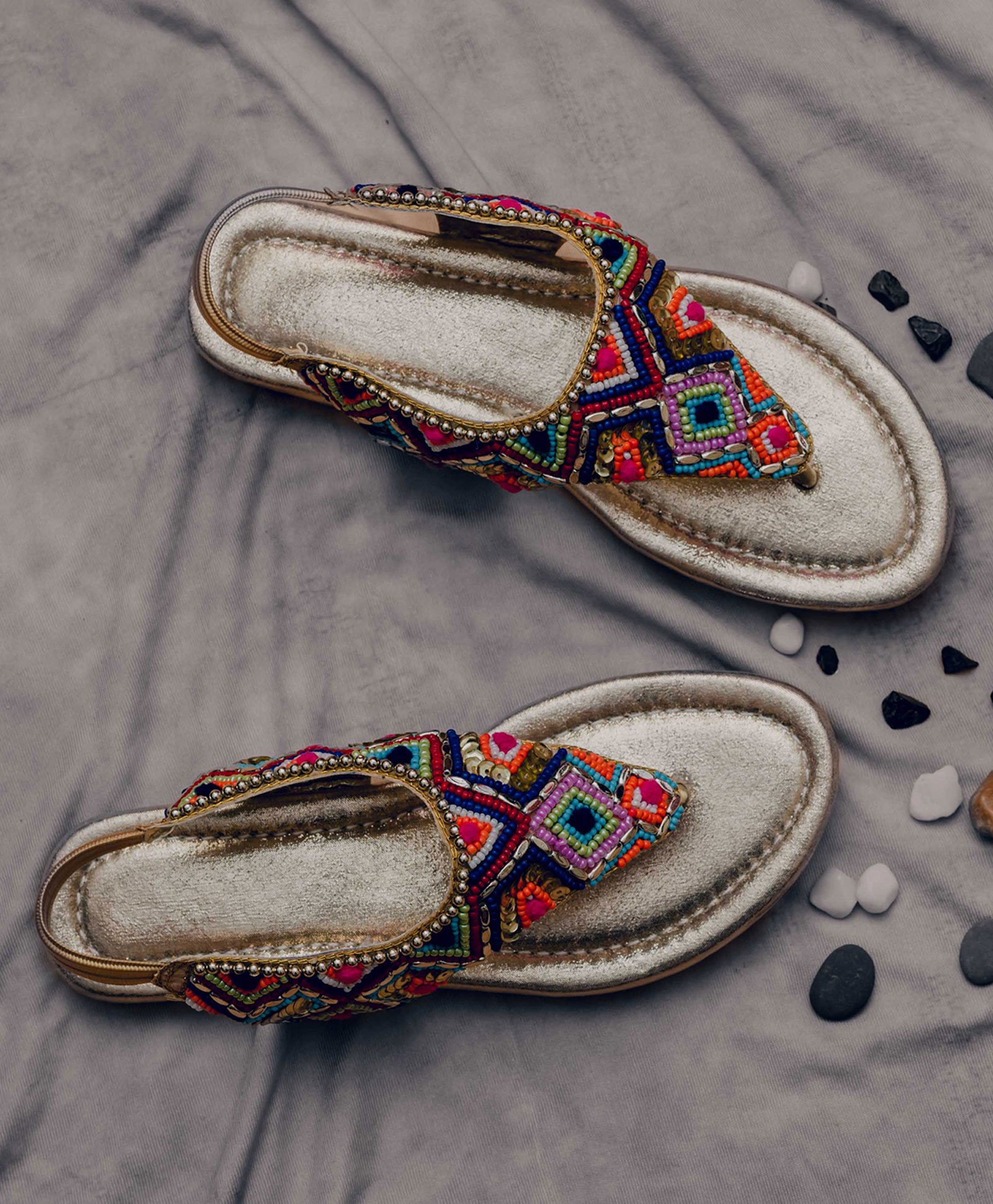LIL PITAARA Beads Embellished  Zari Sandals - Gold-picture-15