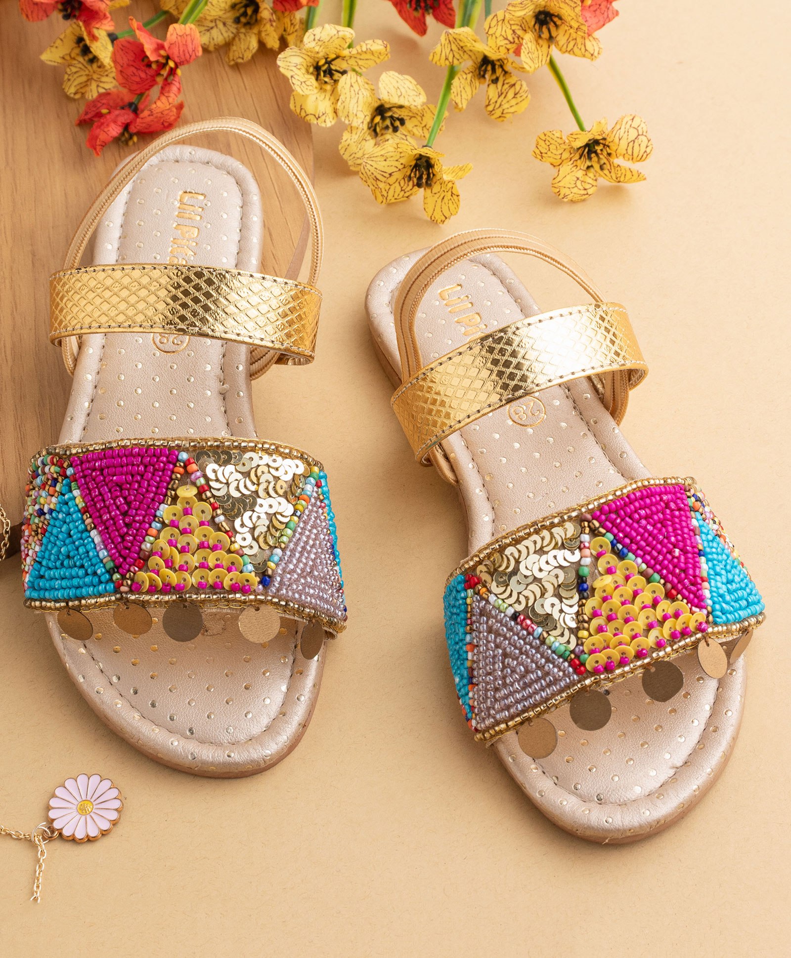 LIL PITAARA Beads & Sequin EmbellishedZari Sandals - Gold-picture-19