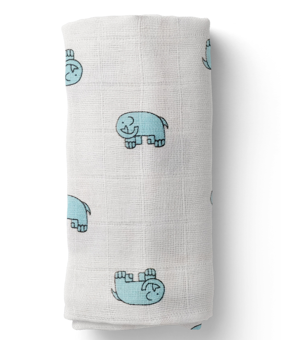 Mom's Home Organic Cotton Muslin Swaddle Small Elephant Print - White Blue-image-34