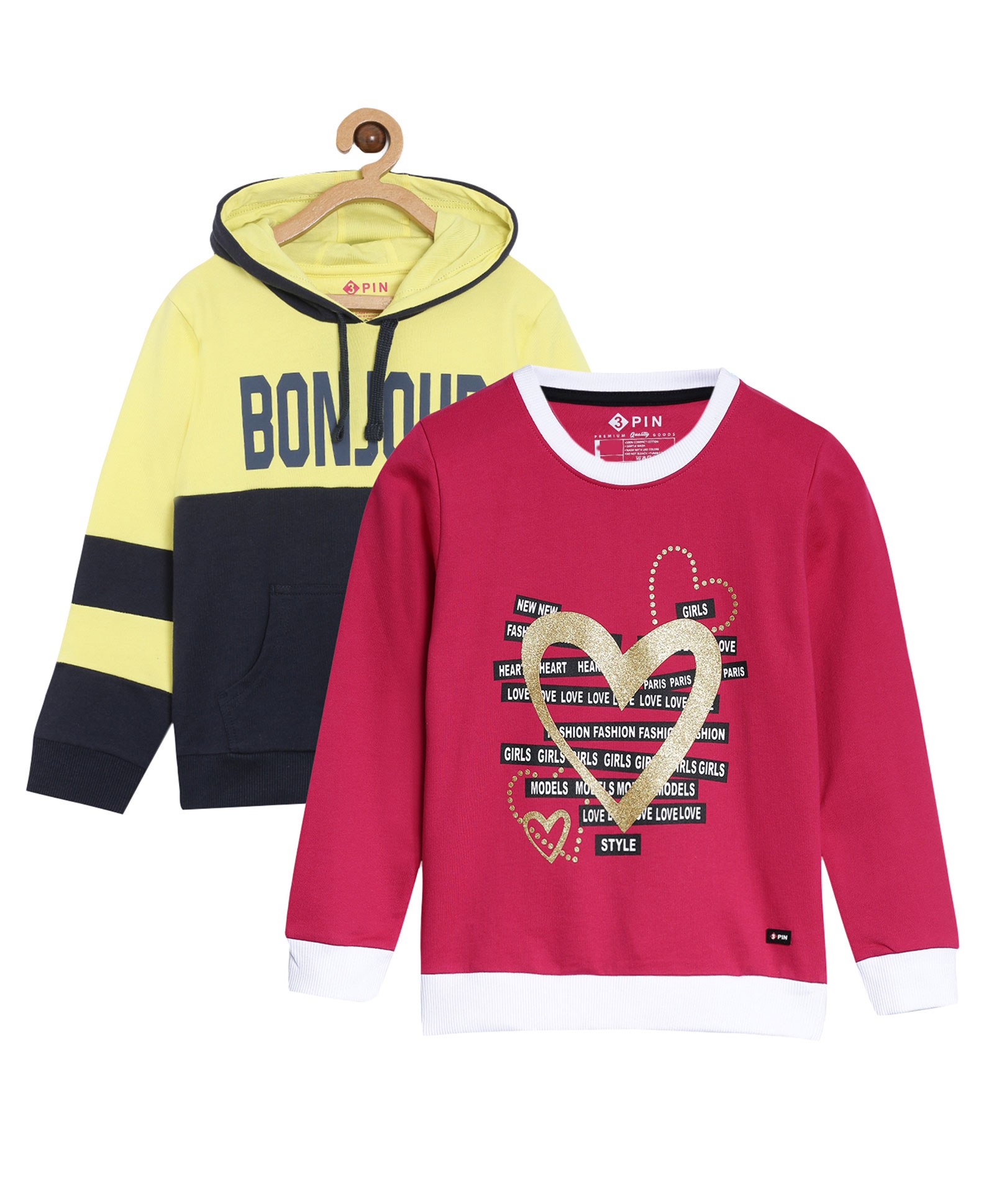 3PIN Set Of 2 Bonjour Text & Glitter Heart Printed Sweatshirts - Yellow & Fuchsia Pink-image-39