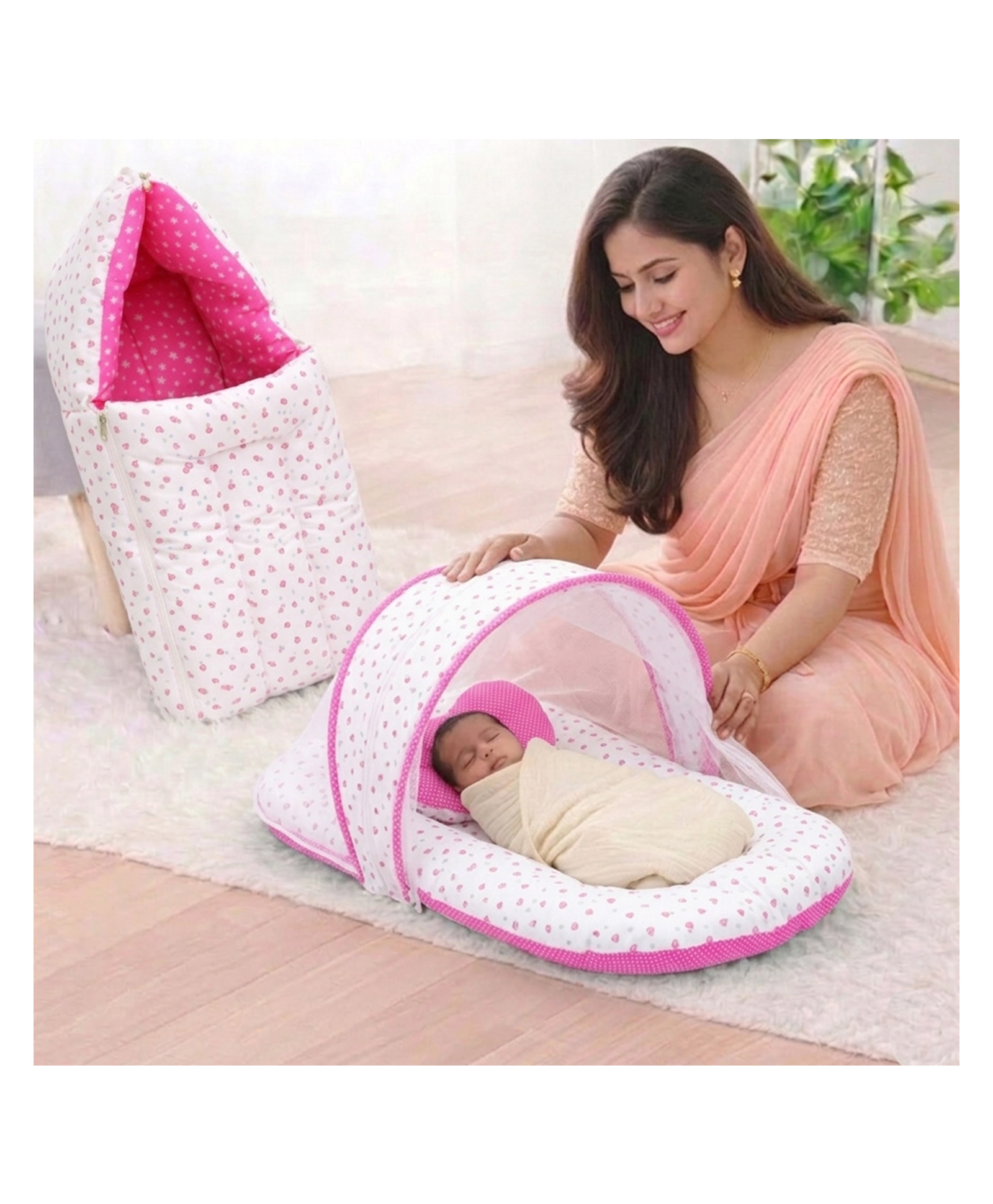 FARETO Baby Mattress Net & Sleeping Bag Combo - pink-image-31