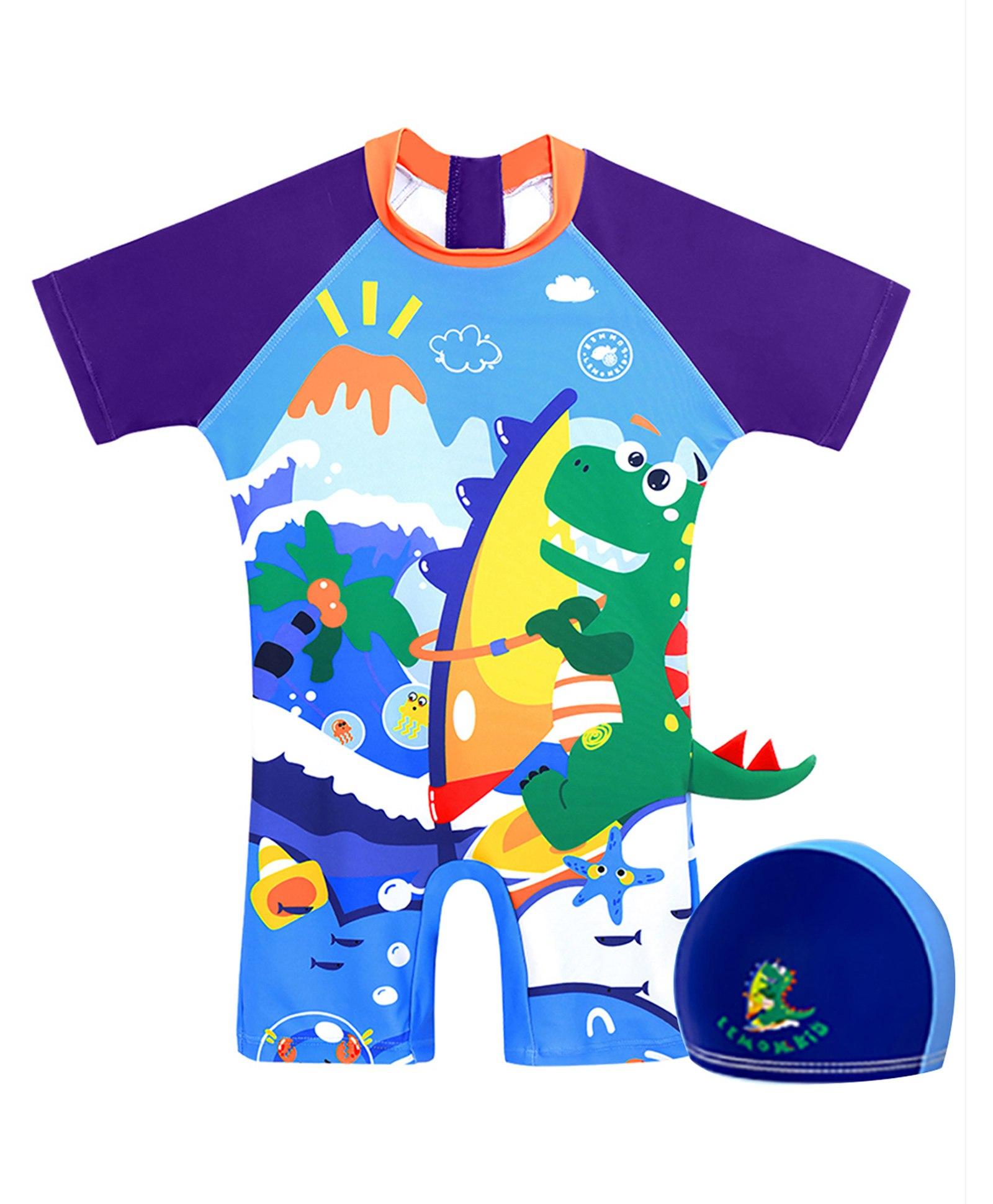 Little Surprise Box Half Sleeves Surfing Dinosaur Printed Swimsuit With Coordinating Swim Cap - Blue-picture-21