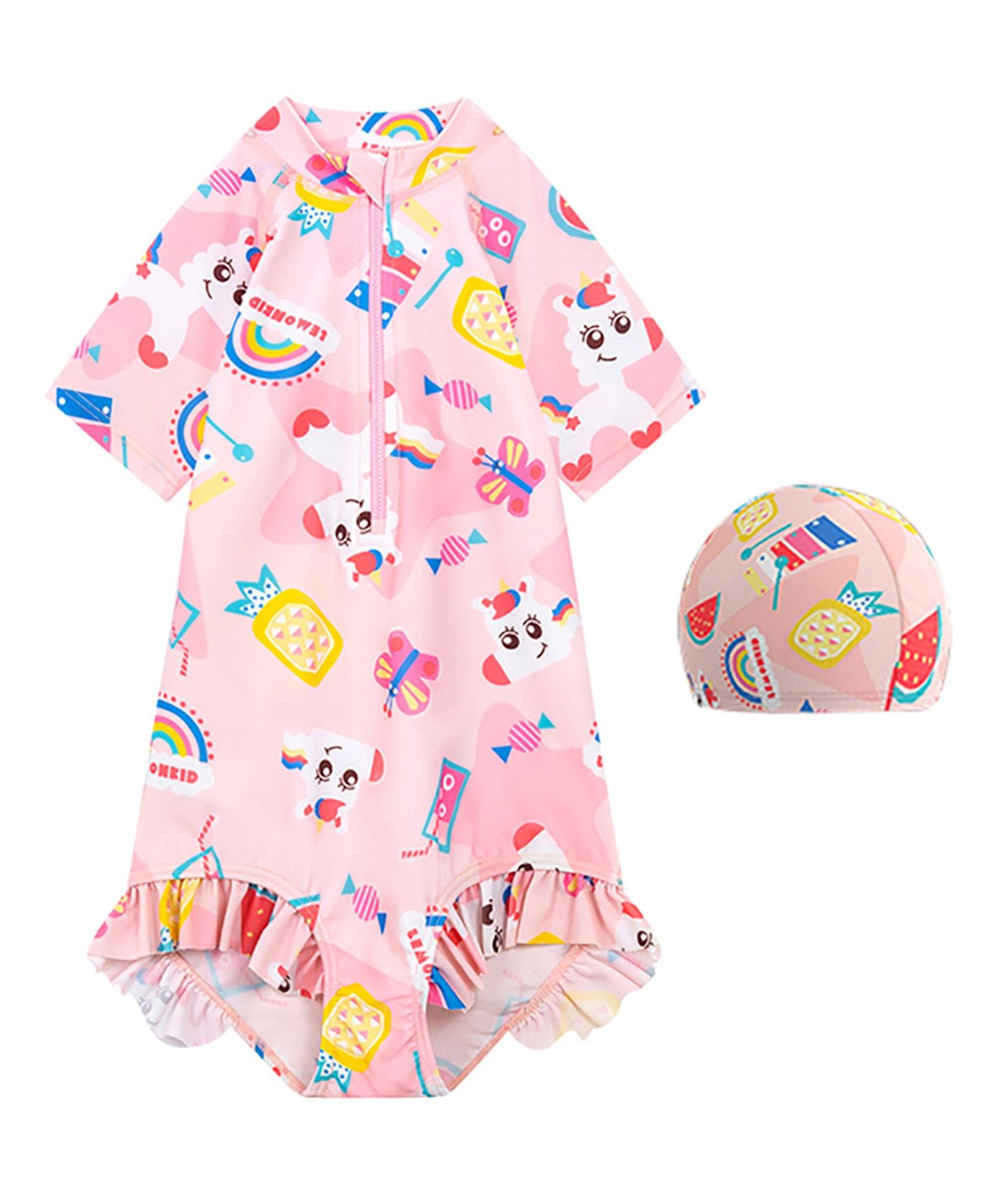 Little Surprise Box Half Sleeves Unicorn & Rainbow Printed Swimwear With Coordinating Swim Cap With UPF 50+ - Pink-image-16