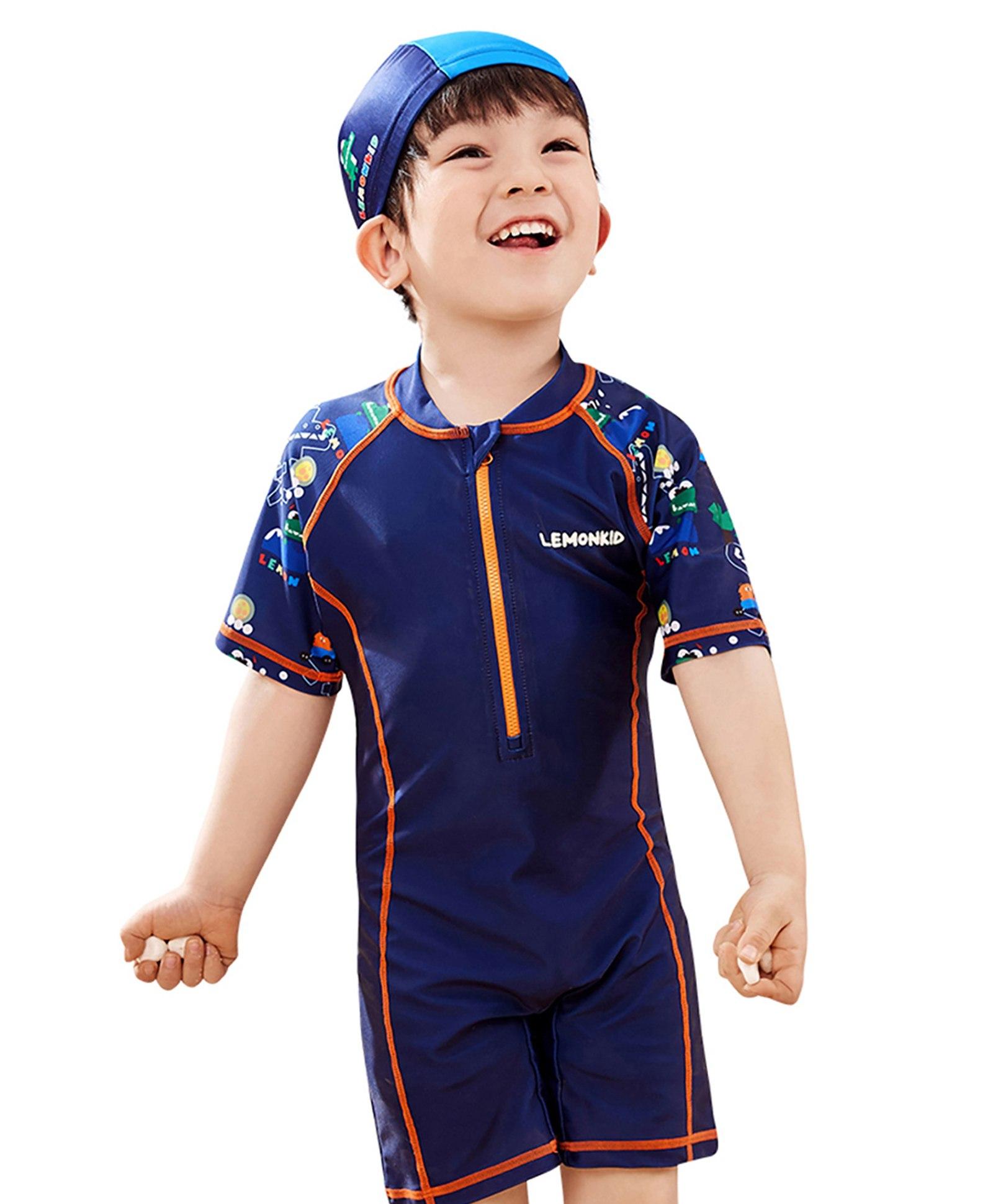 Little Surprise Box Half Sleeves Alligator Printed Swimwear With Coordinating Swim Cap With UPF 50+ - Dark Blue-image-15