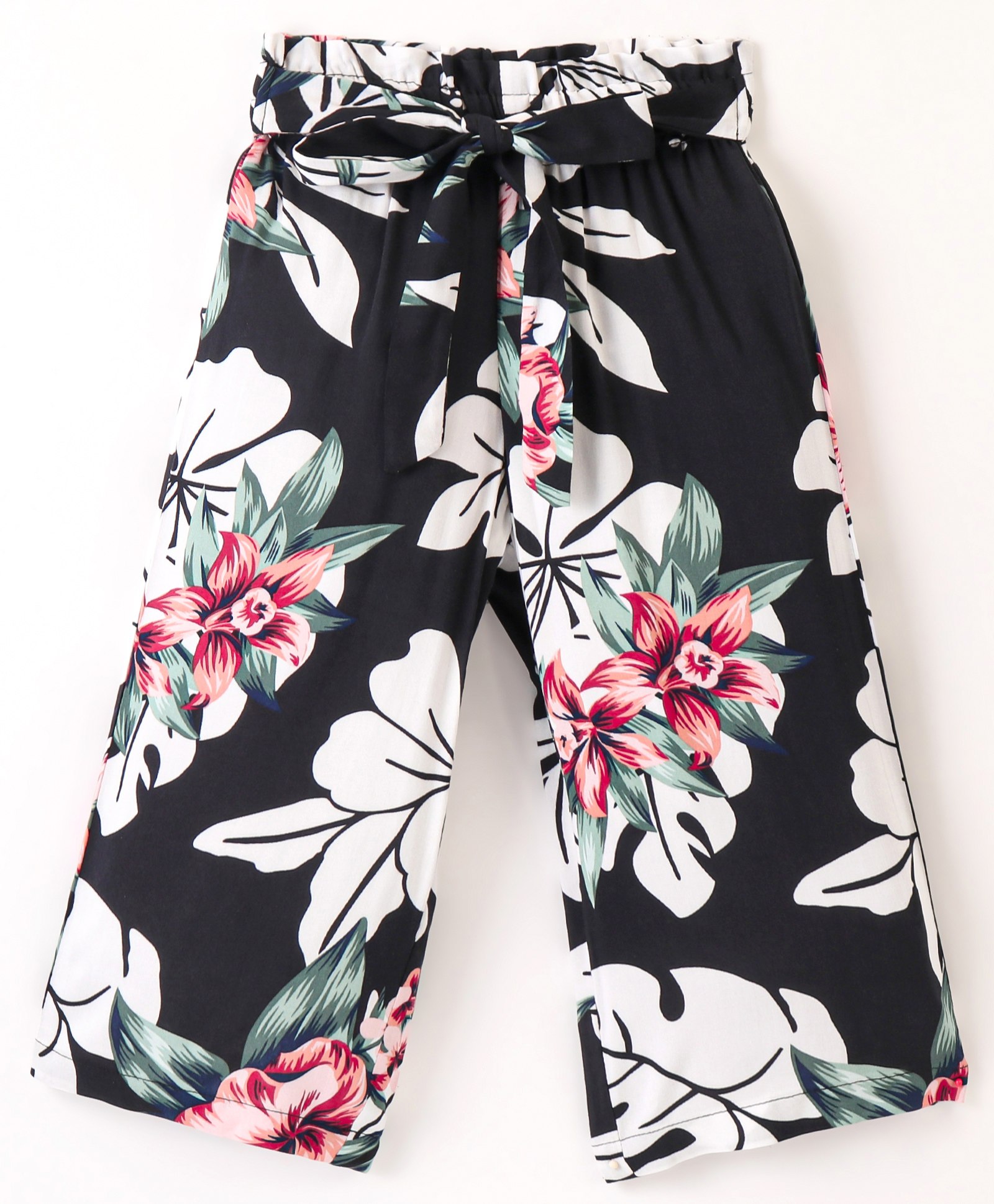 CrayonFlakes Floral Printed Bow Belt Tie Up Palazzo - Black-picture-13
