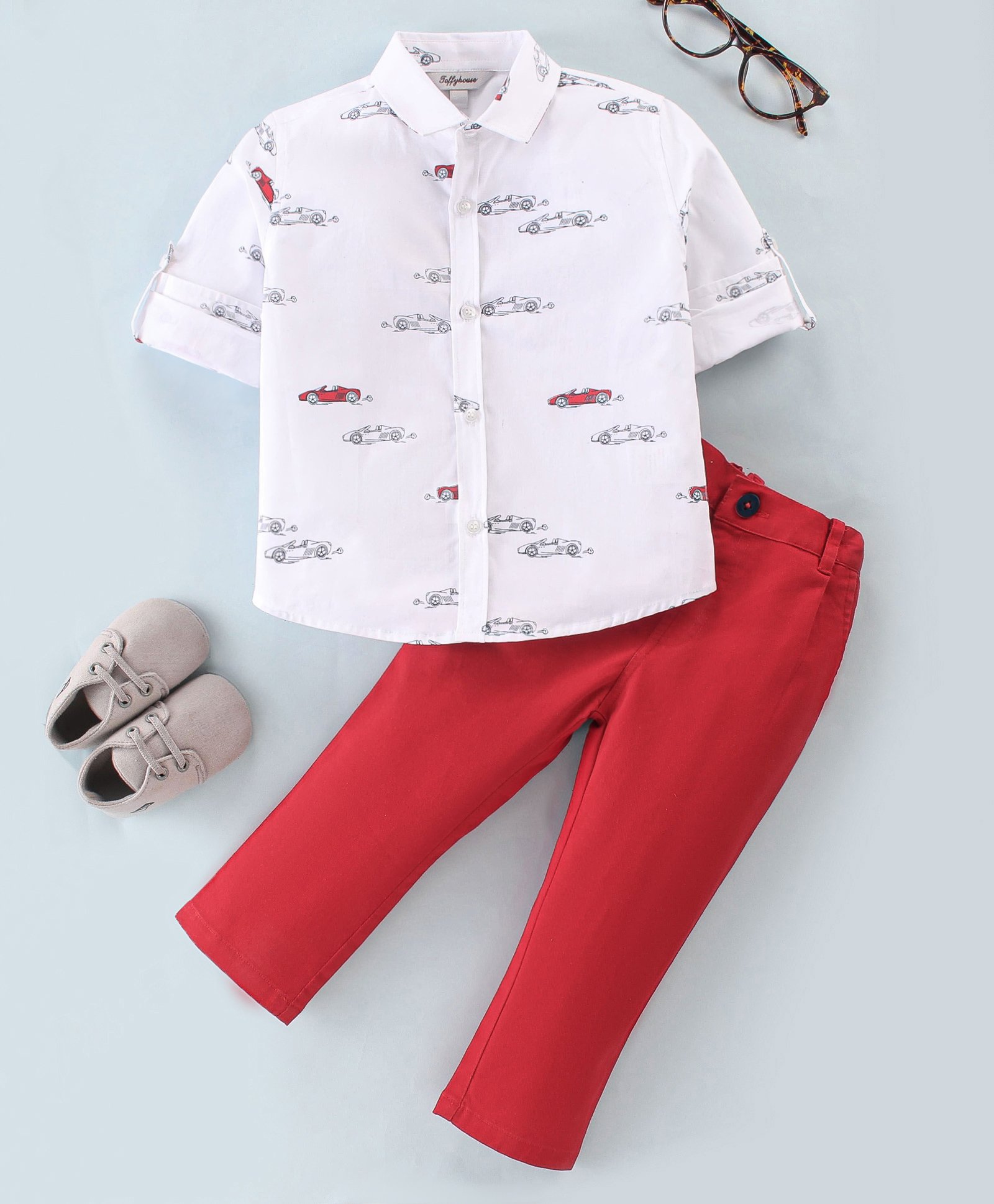 ToffyHouse Full Sleeves Shirt & Pant Set With Car Print - White & Red-picture-13