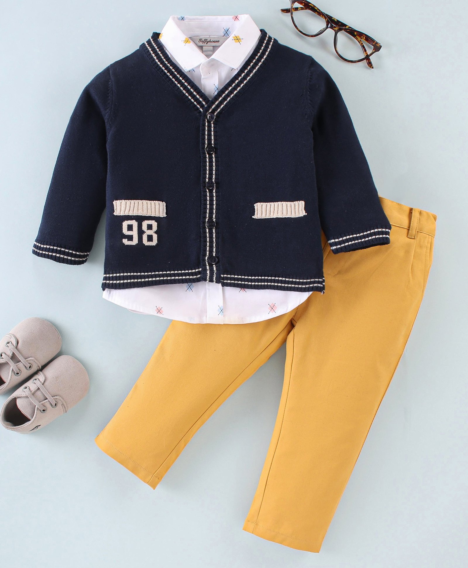 ToffyHouse Full Sleeves Shirt & Pant Set With Cardigan Cross Print - Navy Blue White & Beige-image-17