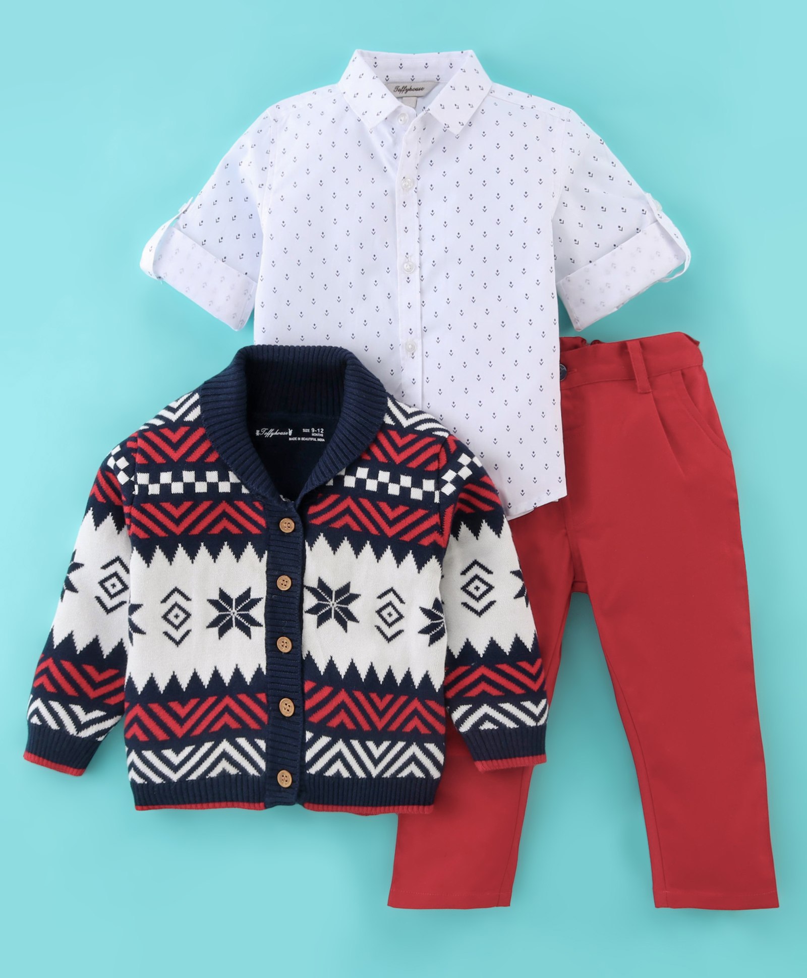 ToffyHouse Cotton Full Sleeves Shirt & Trouser Set with Cardigan Intarsia Design - Red & White-image-19