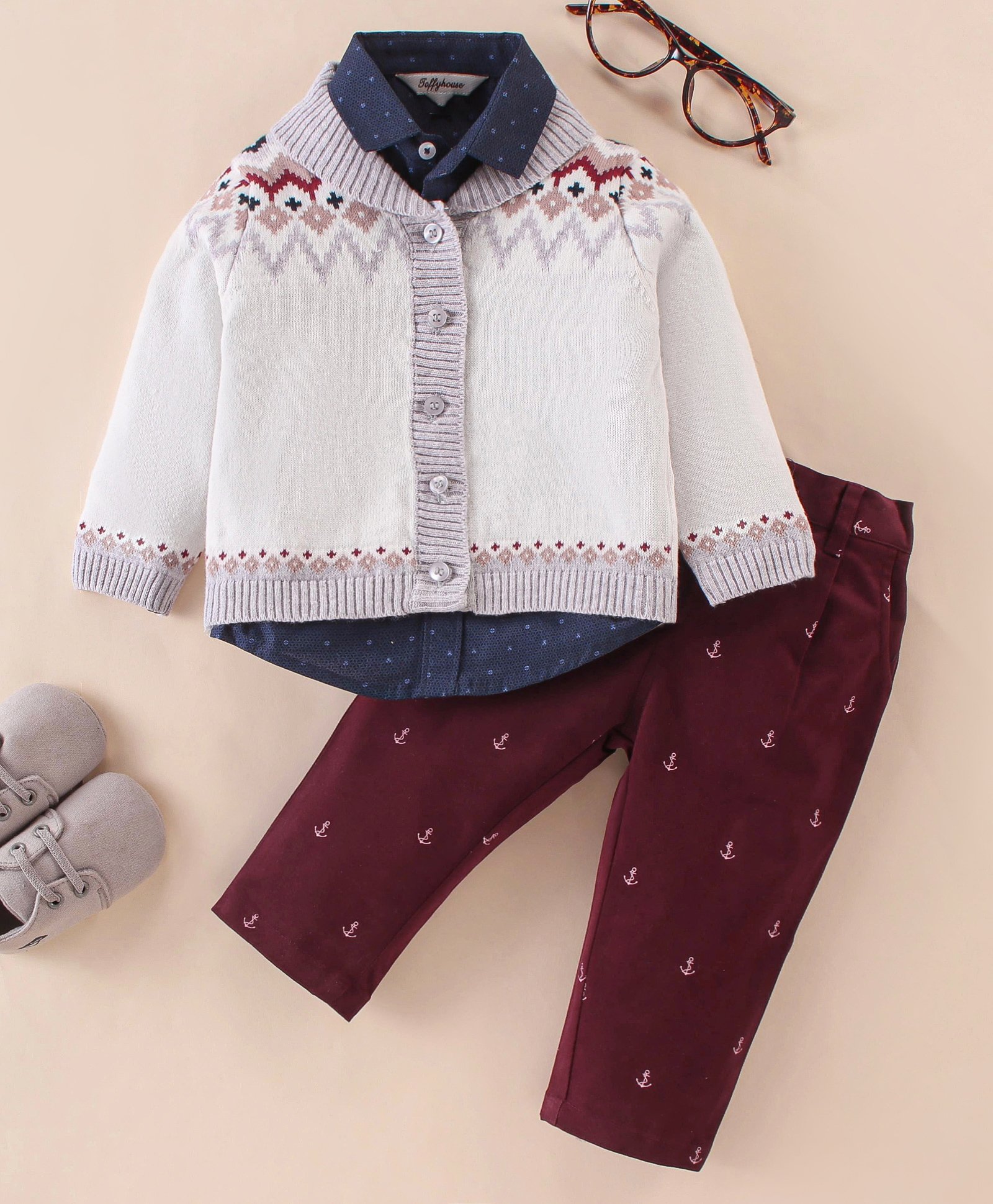 ToffyHouse Full Sleeves Shirt & Pant Set With Cardigan Intersia Print - Navy Blue Maroon & Beige-image-11