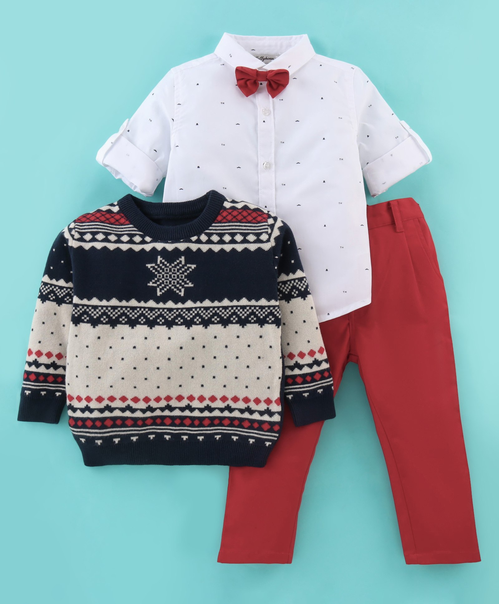 ToffyHouse Cotton Full Sleeves Shirt & Trouser Set with Sweater & Bow Tie Intarsia Design - Red & White-picture-24