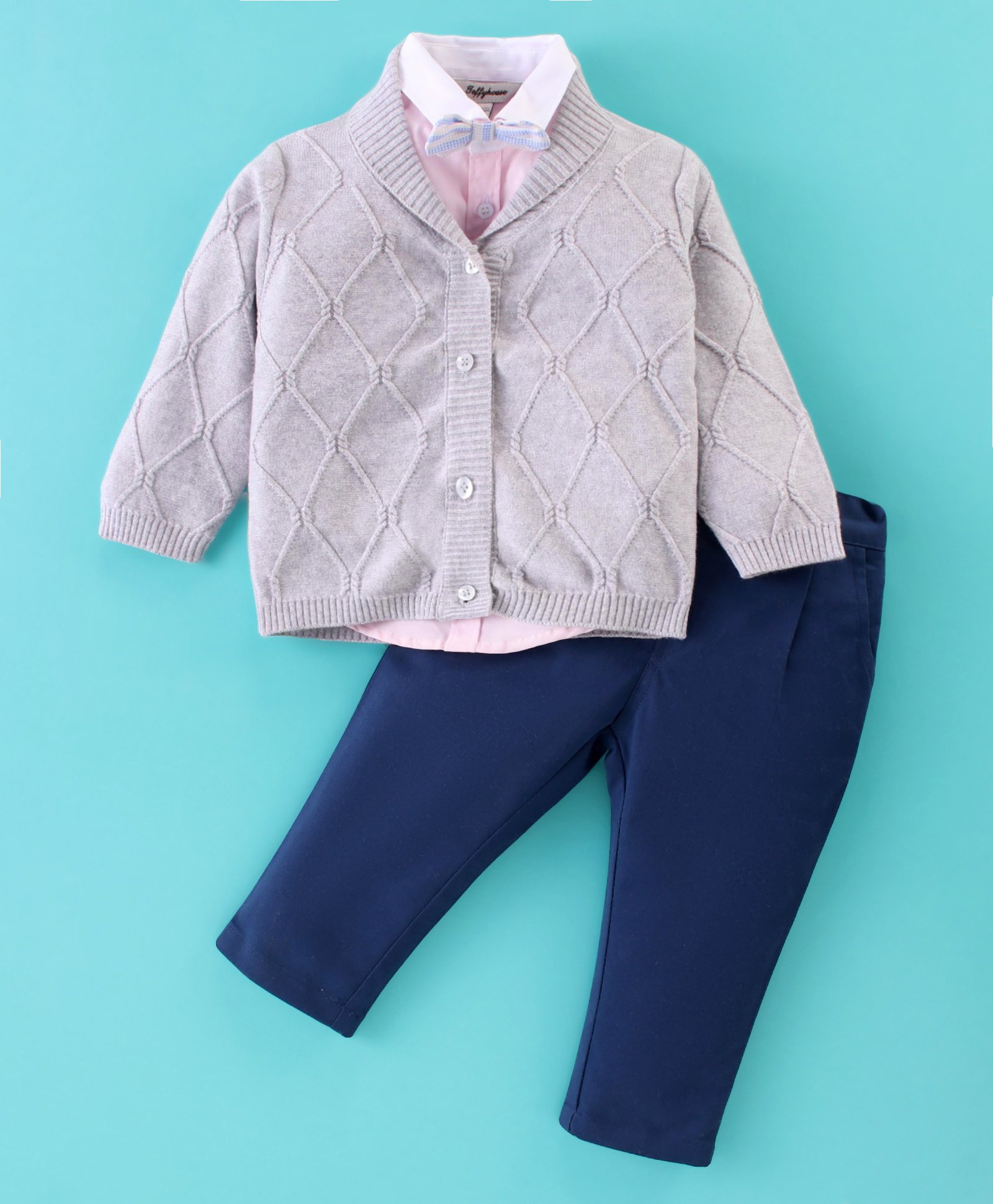 ToffyHouse Cotton Woven Full Sleeves Solid Shirt & Full Length Denim Jeans with Flat Knit Qwerky Cardigan & Bow- Navy Blue-picture-16
