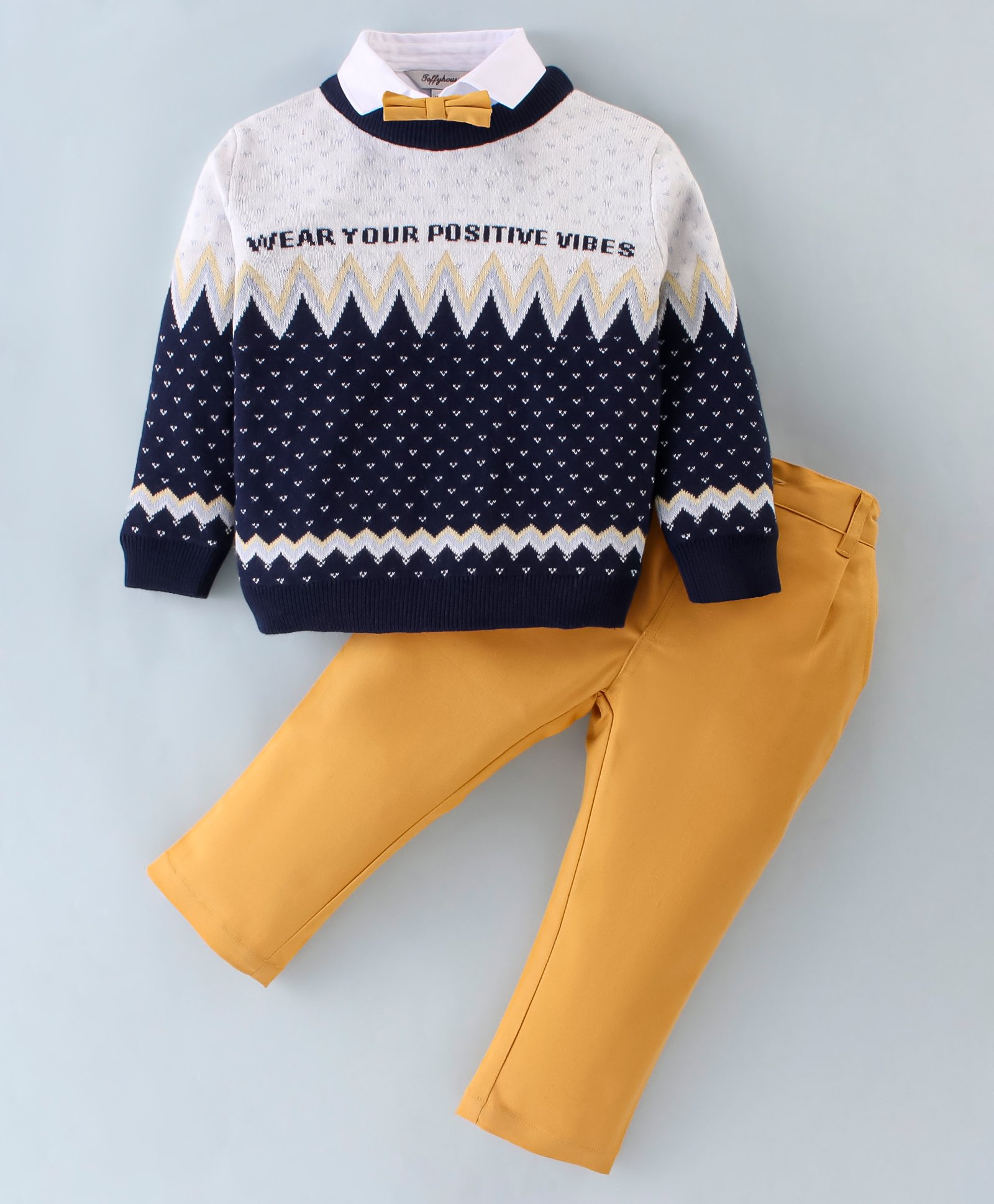 ToffyHouse Cotton Woven Shirt & Bottom Set with Flat Knit Sweater Intarsia Design - Yellow & Blue-image-2