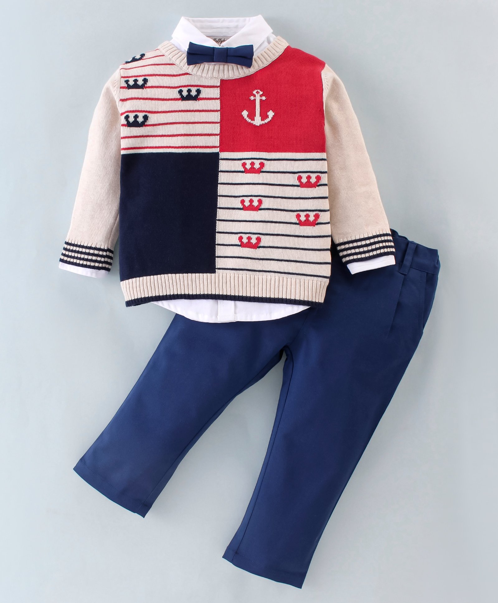 ToffyHouse Cotton Woven Shirt & Bottom Set with Flat Knit Sweater Anchor Design - Navy Blue-image-40