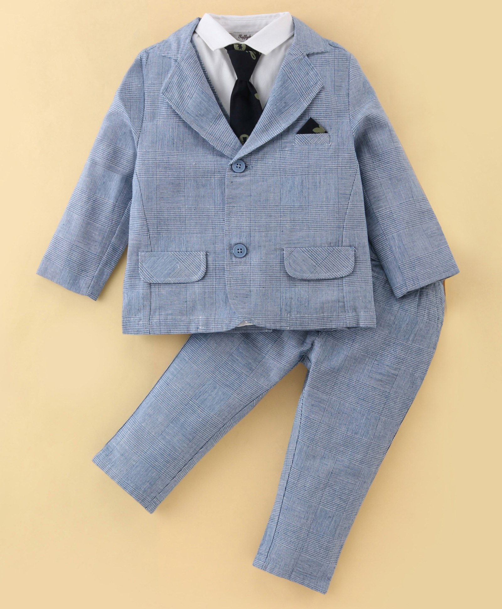 ToffyHouse Cotton Full Sleeves Checkered Party Suit with Tie & Waistcoat - Blue-picture-19