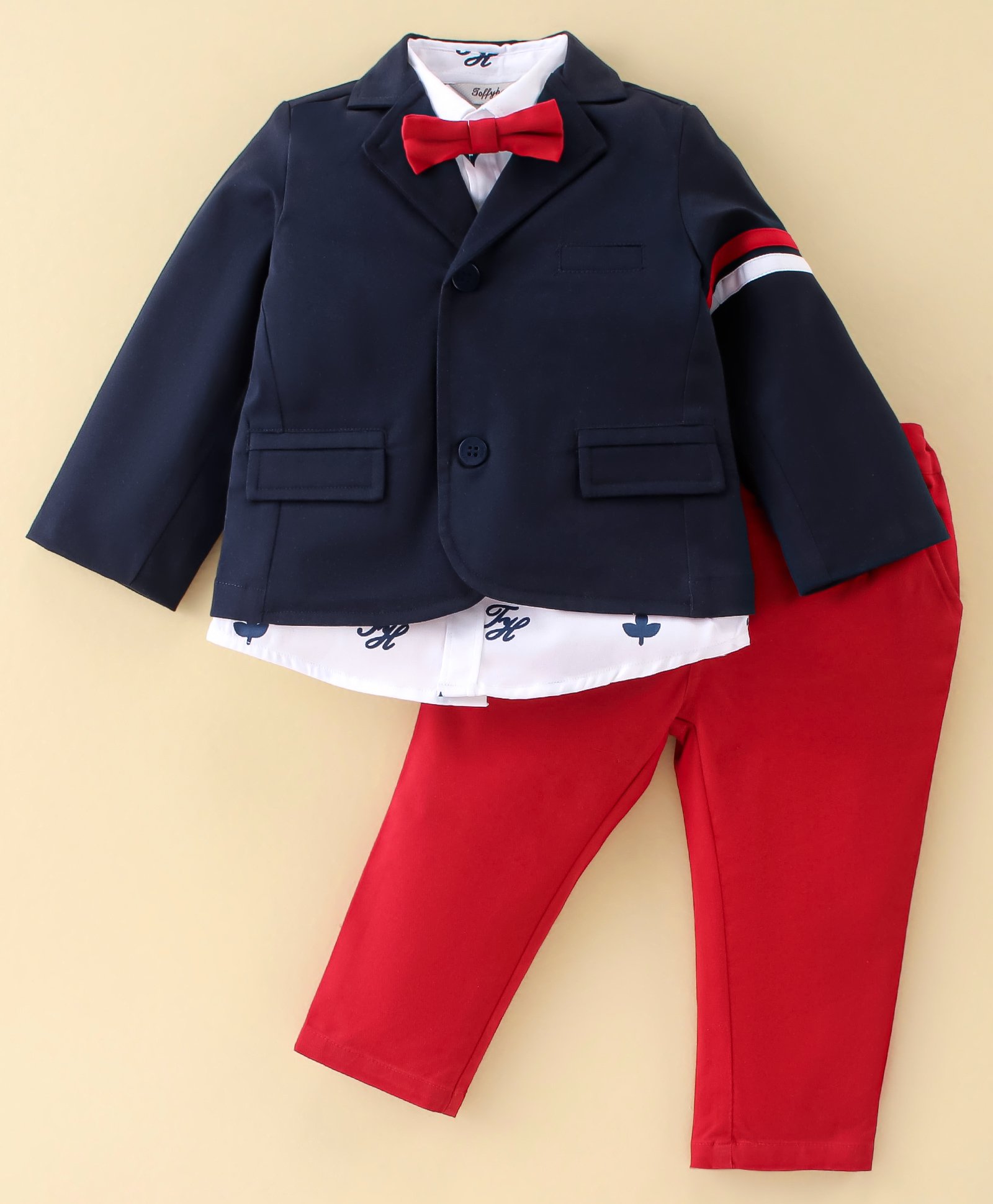 ToffyHouse Cotton Woven Full Sleeves Text Printed Shirt & Trouser Set with Coat & Bow Tie - Red & Navy-image-48