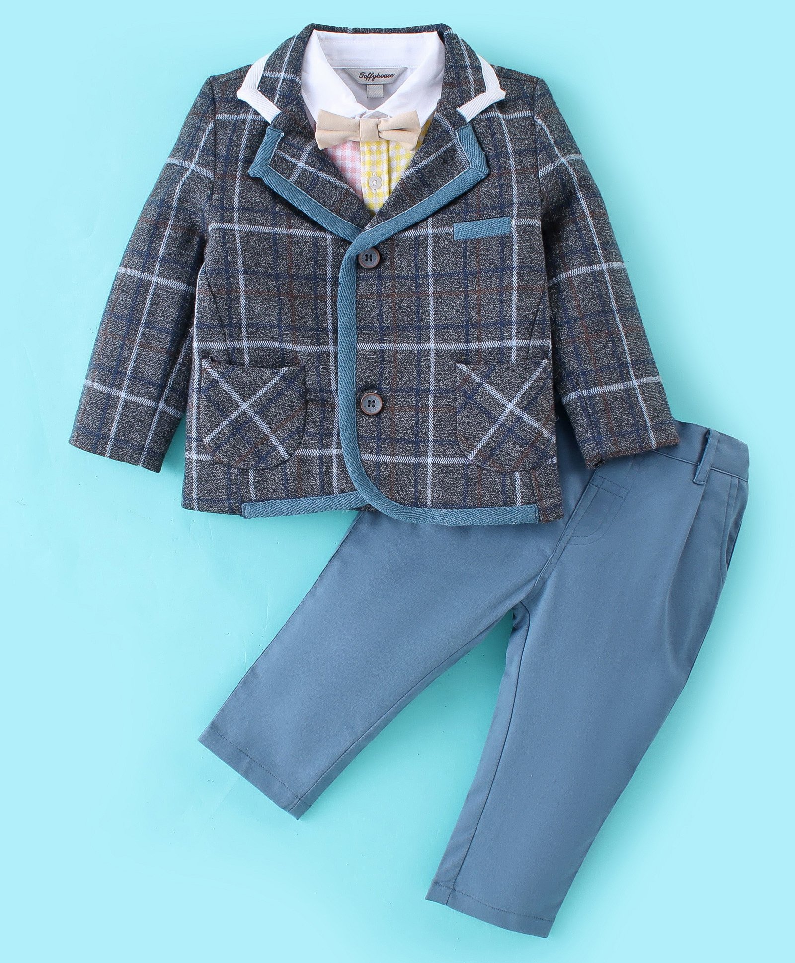 ToffyHouse 100% Cotton Woven Full Sleeves Check Shirt & Trouser Set with Coat - Blue-image-31
