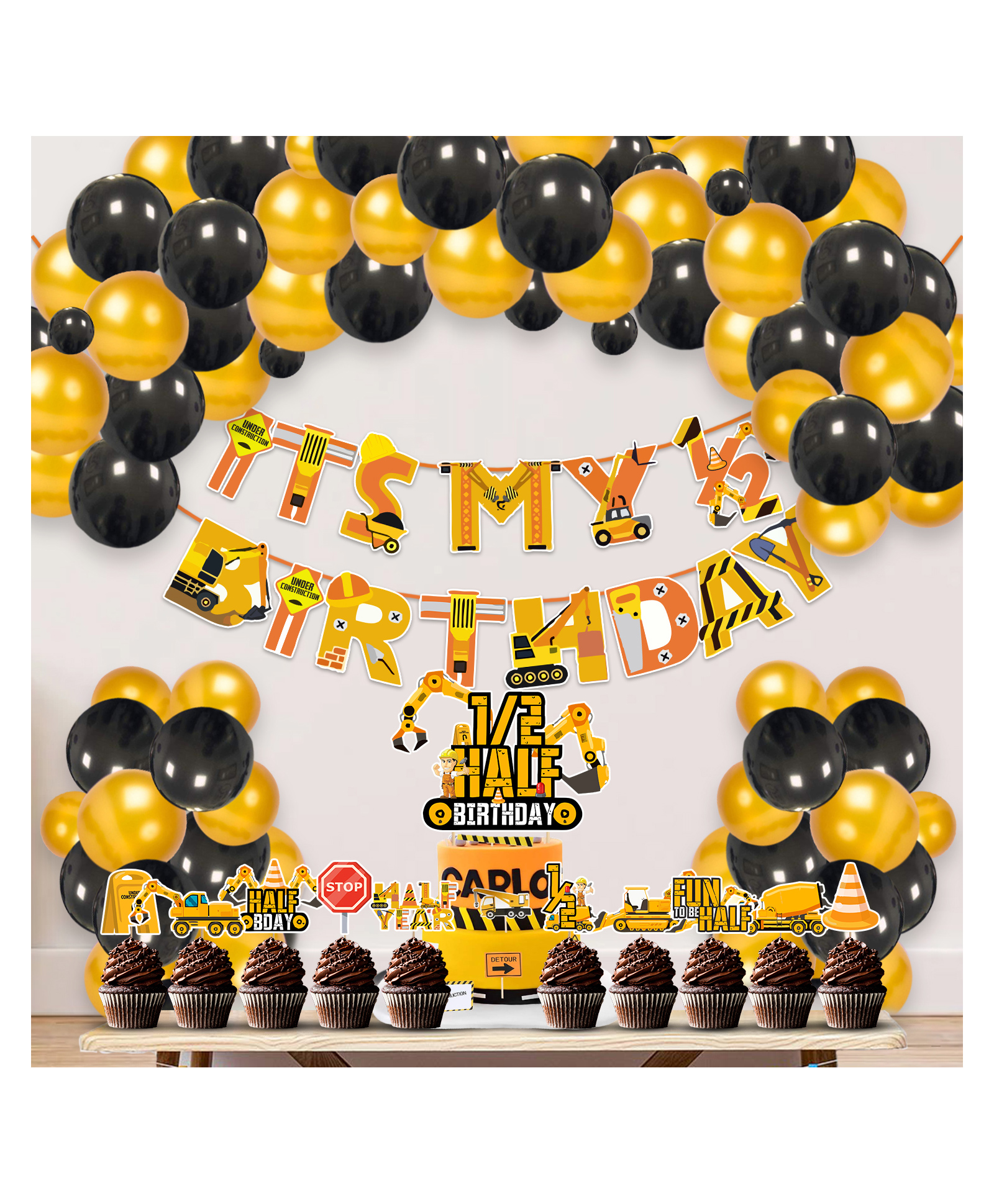 Zyozi Under Construction Theme Half Birthday Party Decoration Gold & Black -  Pack of 37-image-4