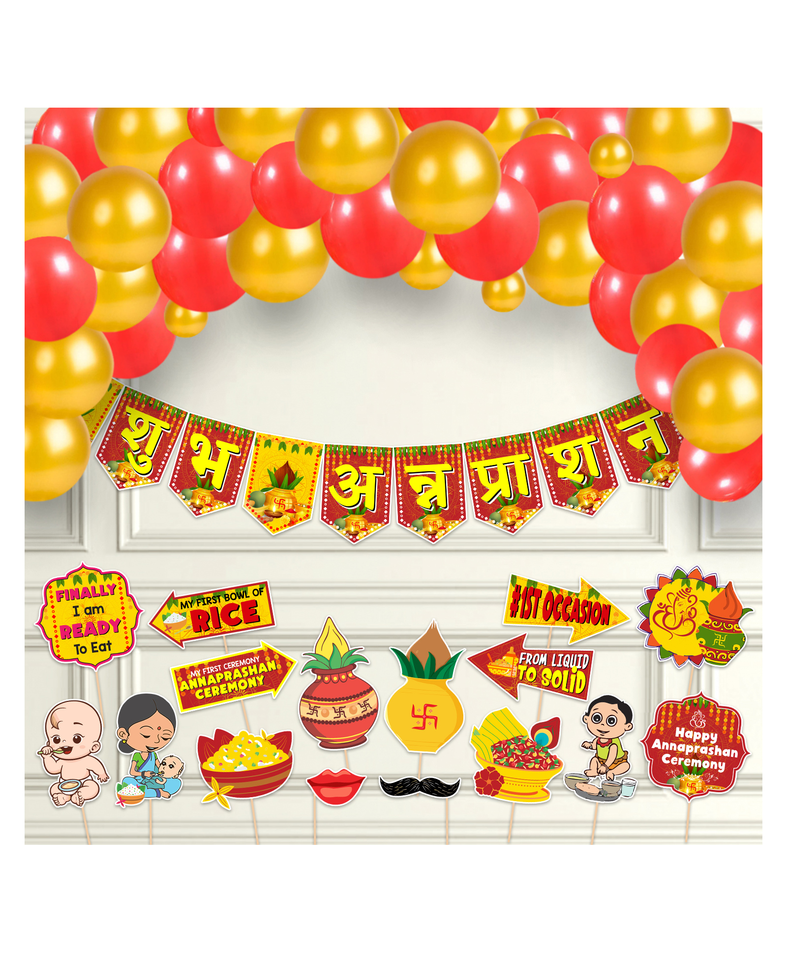 Zyozi Rice Ceremony Decorations Items Annaprashan  Decorations Kit Red & Gold - Pack of 37-image-44