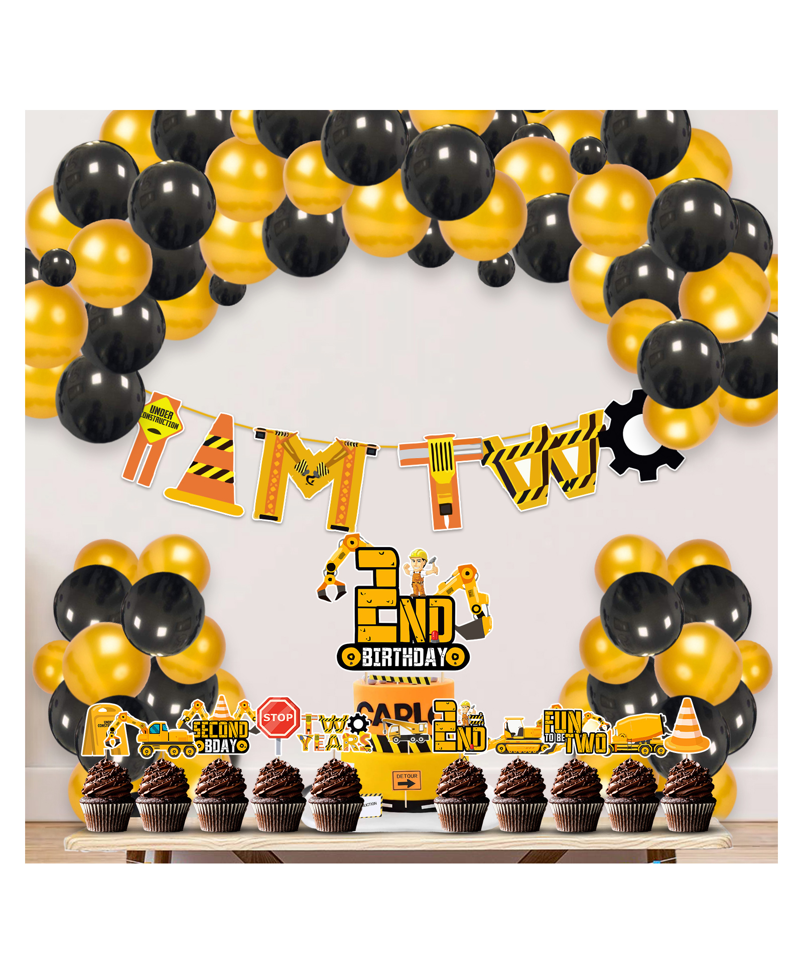 Zyozi Under Construction Theme 2nd Birthday Decorations for Boys Black  Gold - Pack of 37-image-24