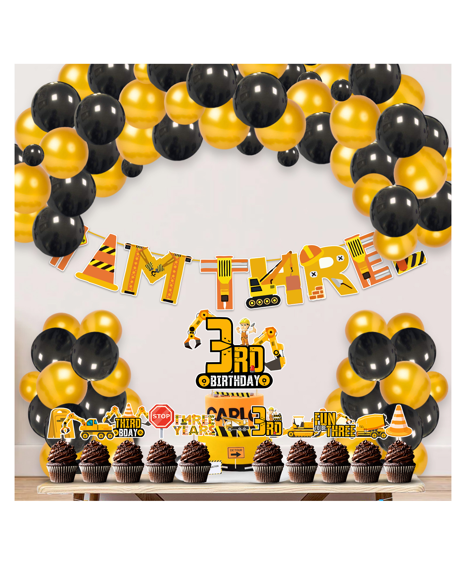 Zyozi Under Construction Theme 3rd Birthday Decorations for Boys Gold  Black - Pack of 37-image-42