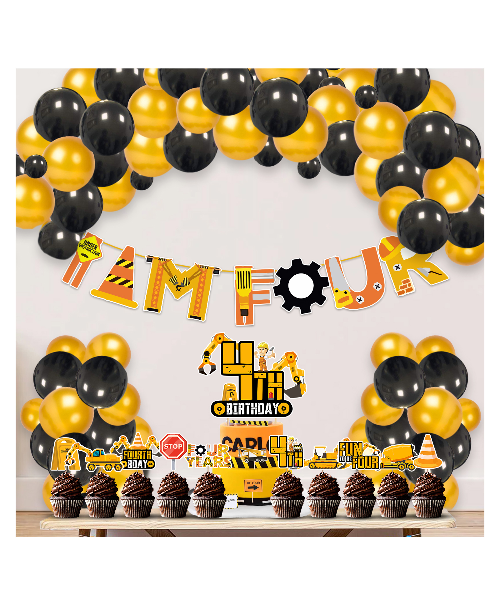 Zyozi Under Construction Theme  4th Birthday Combo for Boys Black  Gold - Pack of 37-image-23