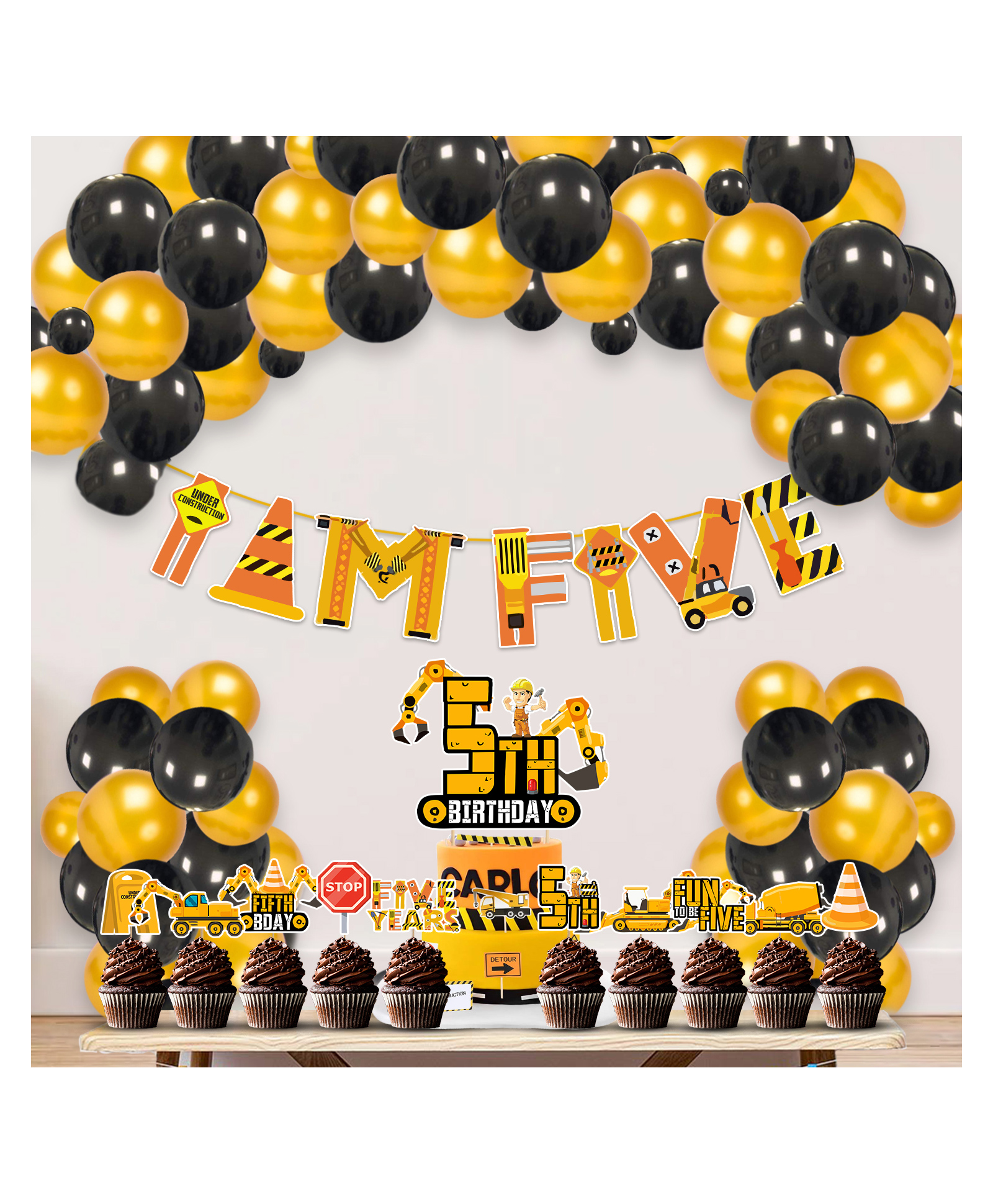 Zyozi Under Construction Theme 5th Birthday Decorations Black Gold - Pack of 37-image-20