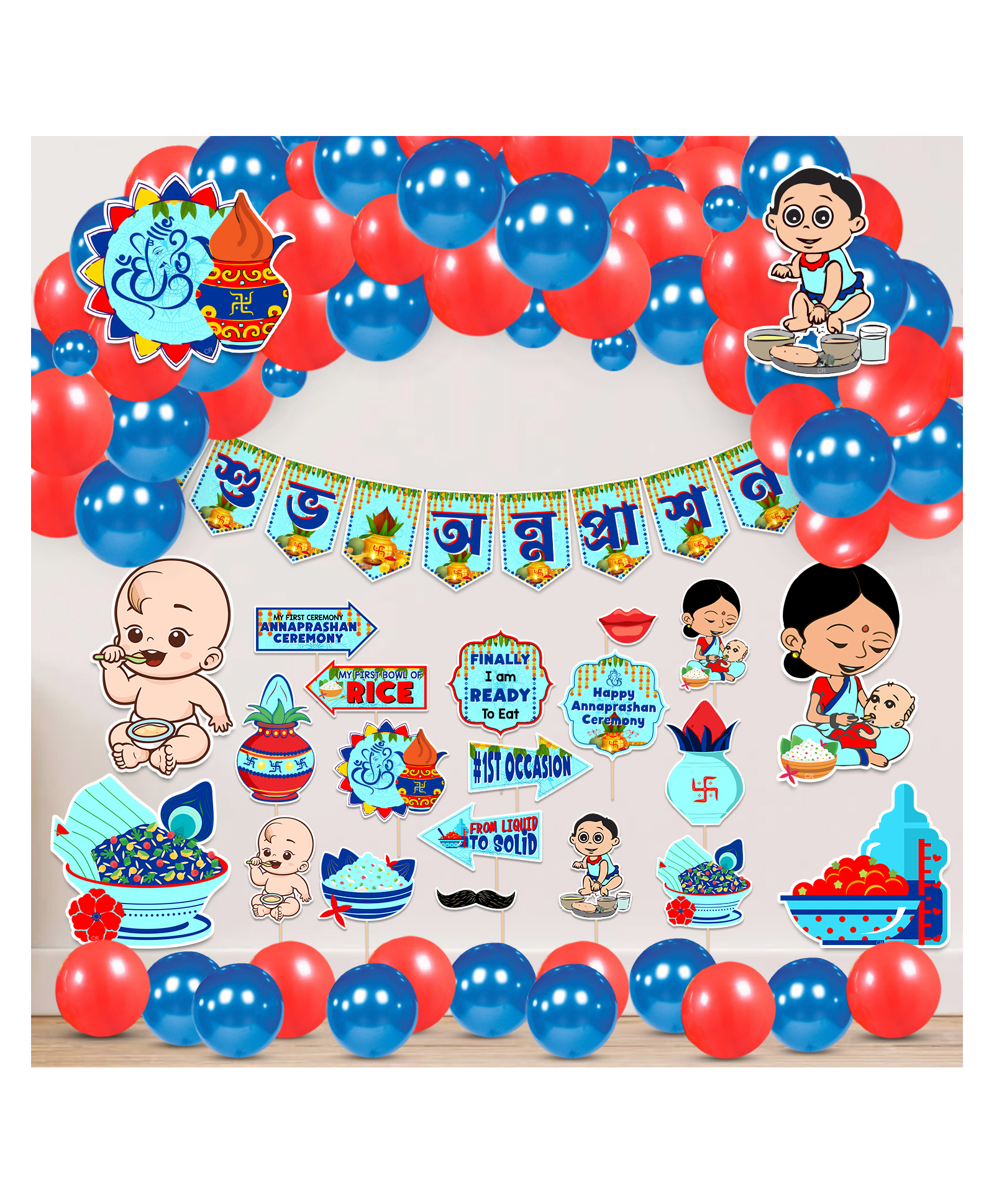 Zyozi Annaprasanam Decorations Items Rice Ceremony Decorations Blue & Red -  Pack of 65-image-22