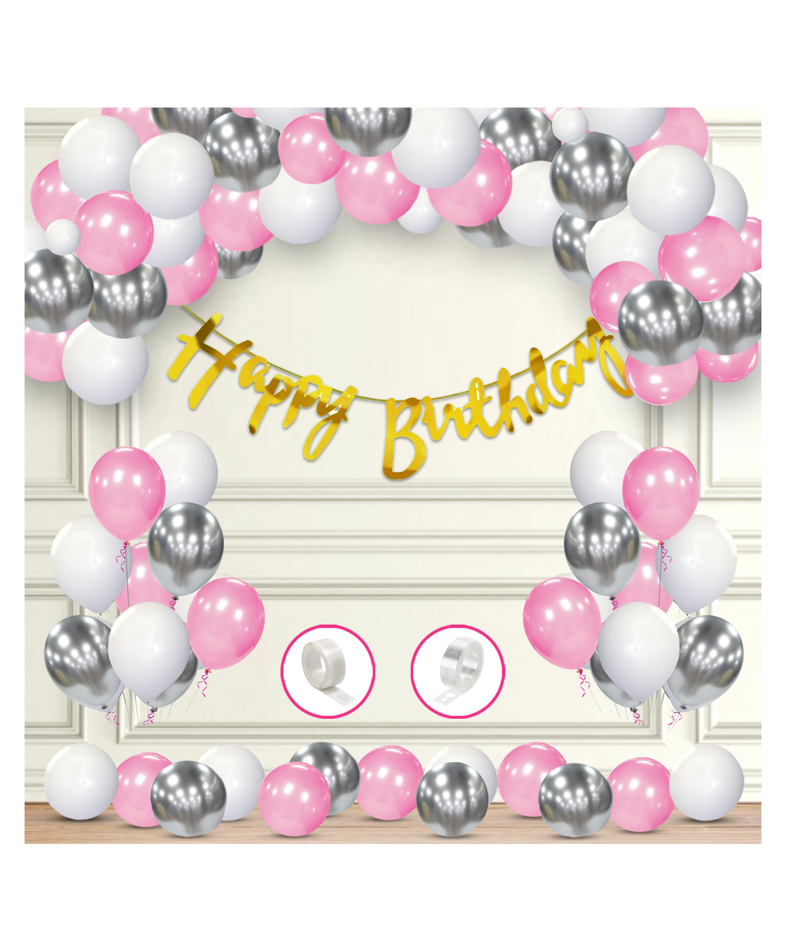 Zyozi Birthday Decoration Combo Items Pink White Silver - Pack of 64-image-1