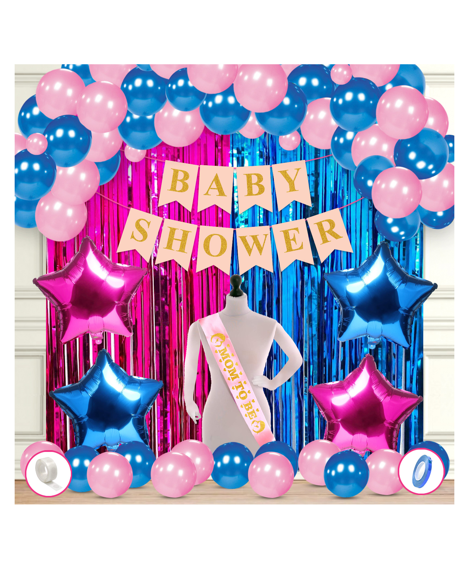 Zyozi Baby Shower Decorations Combo - Banner  Balloons Star Foil Balloons  Foil Curtain Ribbon Pink  Blue -  Pack of 50-picture-23