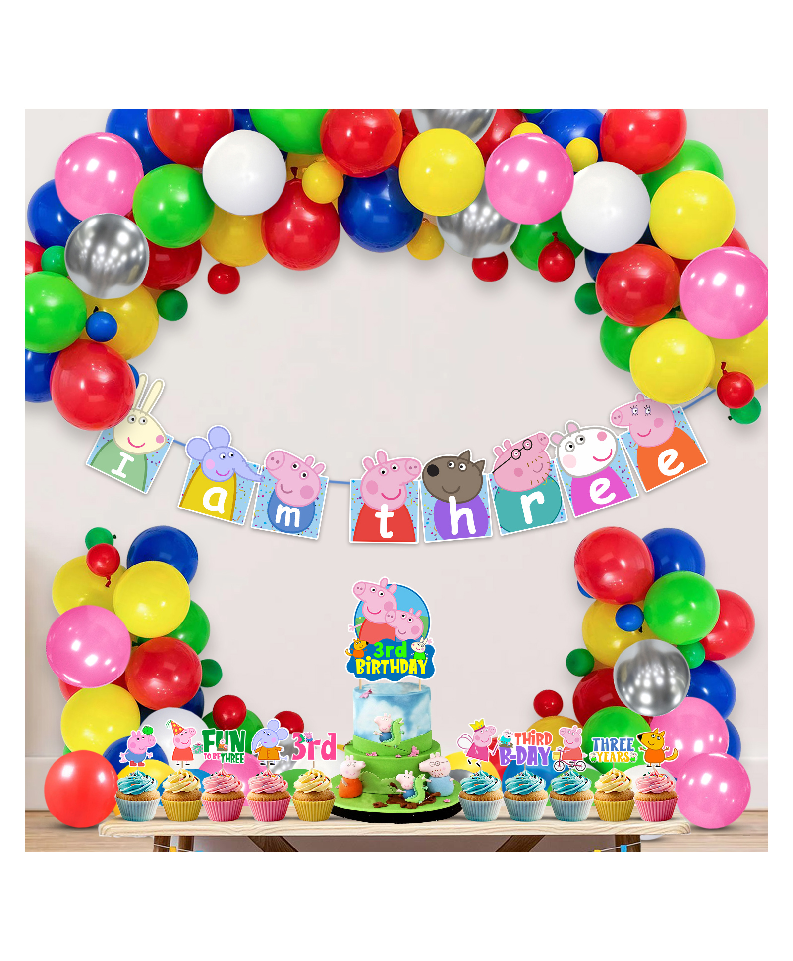 Zyozi Peppa Pig 3rd Birthday Party Decorations Combo Multicolor - Pack of 37-image-18