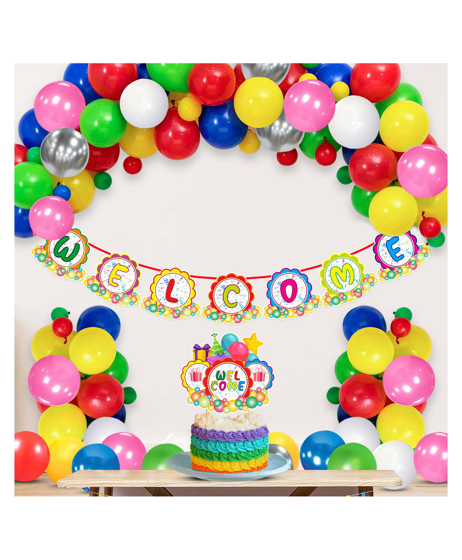 Zyozi Welcome Decorations Material Combo with Banner Balloons & Cake Topper Multicolor - Pack of 27-image-36